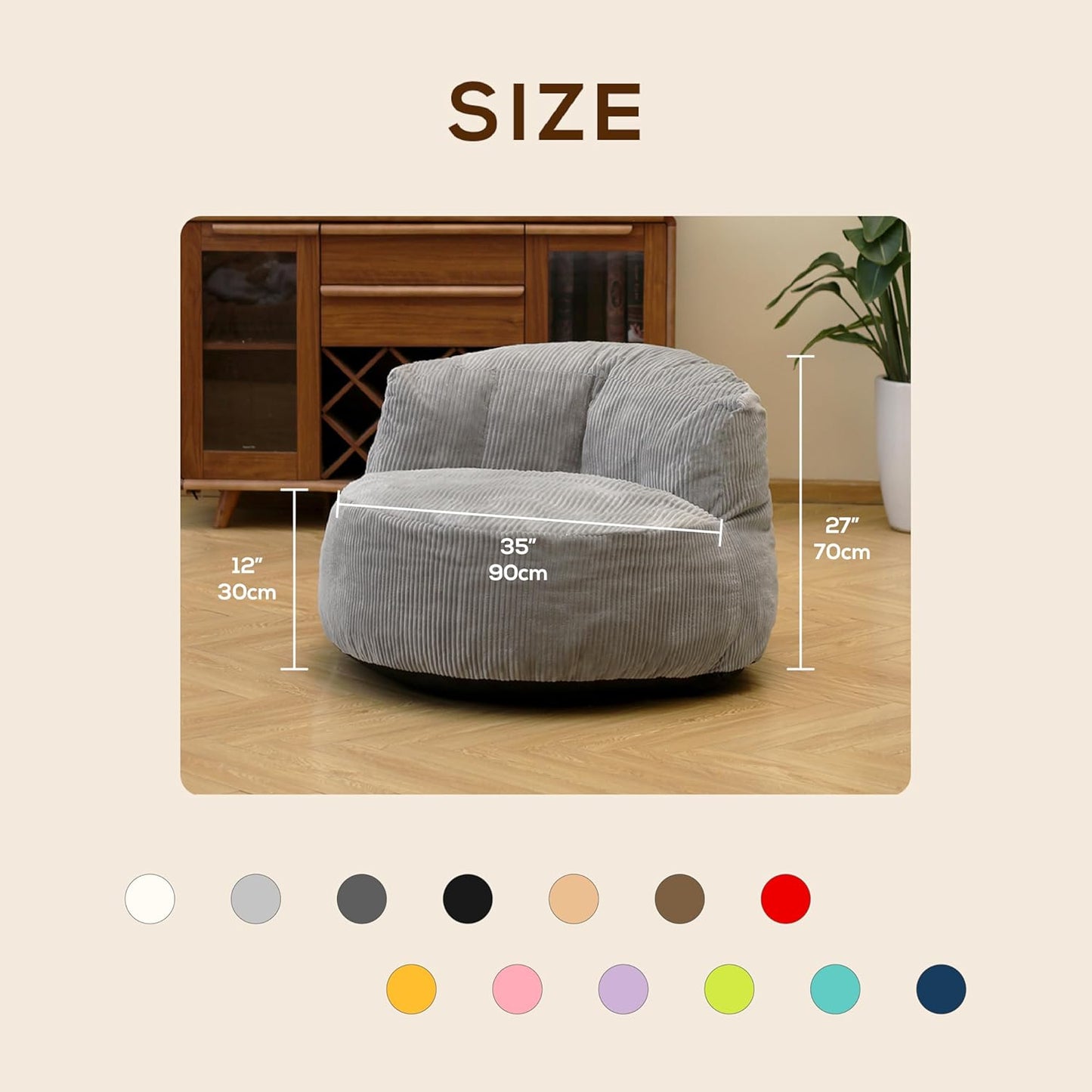 N&V Large Crescent Bean Bag Chair, Adult Size Bean Bag Sack, Foam Filling, Soft Premium Corduroy Bean Bag for Living Room Bedroom Dorm and Office (Beige)