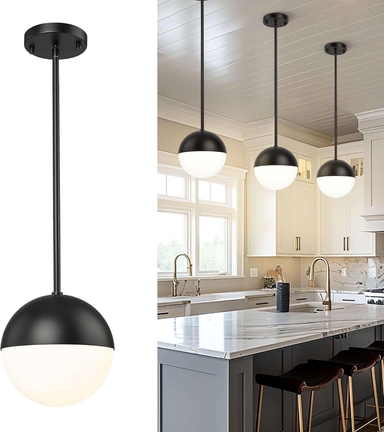 LMS 8-inch Black Pendant Lights Kitchen Island, Modern Globe Pendant Light with Frosted Glass, Contemporary Mid Century Hanging Light Fixture for Kitchen Island Sink Bedroom Bathroom, LMS-186