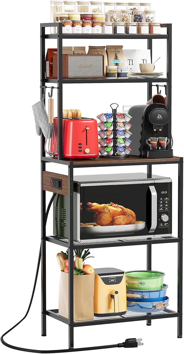 S1 Kitchen Bakers Rack with Power Outlet, Microwave Stand with Storage 5-Tiers, Freestanding Coffee Bar Table with 4 Hooks, Kitchen Storage Shelf 13" D x 22.9" W x 58.3" H, Rustic Brown