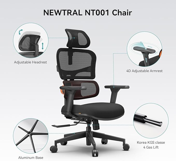 Newtral Ergonomic Office Chair with Fully Adaptive Lumbar Support, 136°Tilt Function, Computer Desk Chair with Soft 4D Armrest, Adjustable Headrest (Upgrade with Laptop Tray, Black)