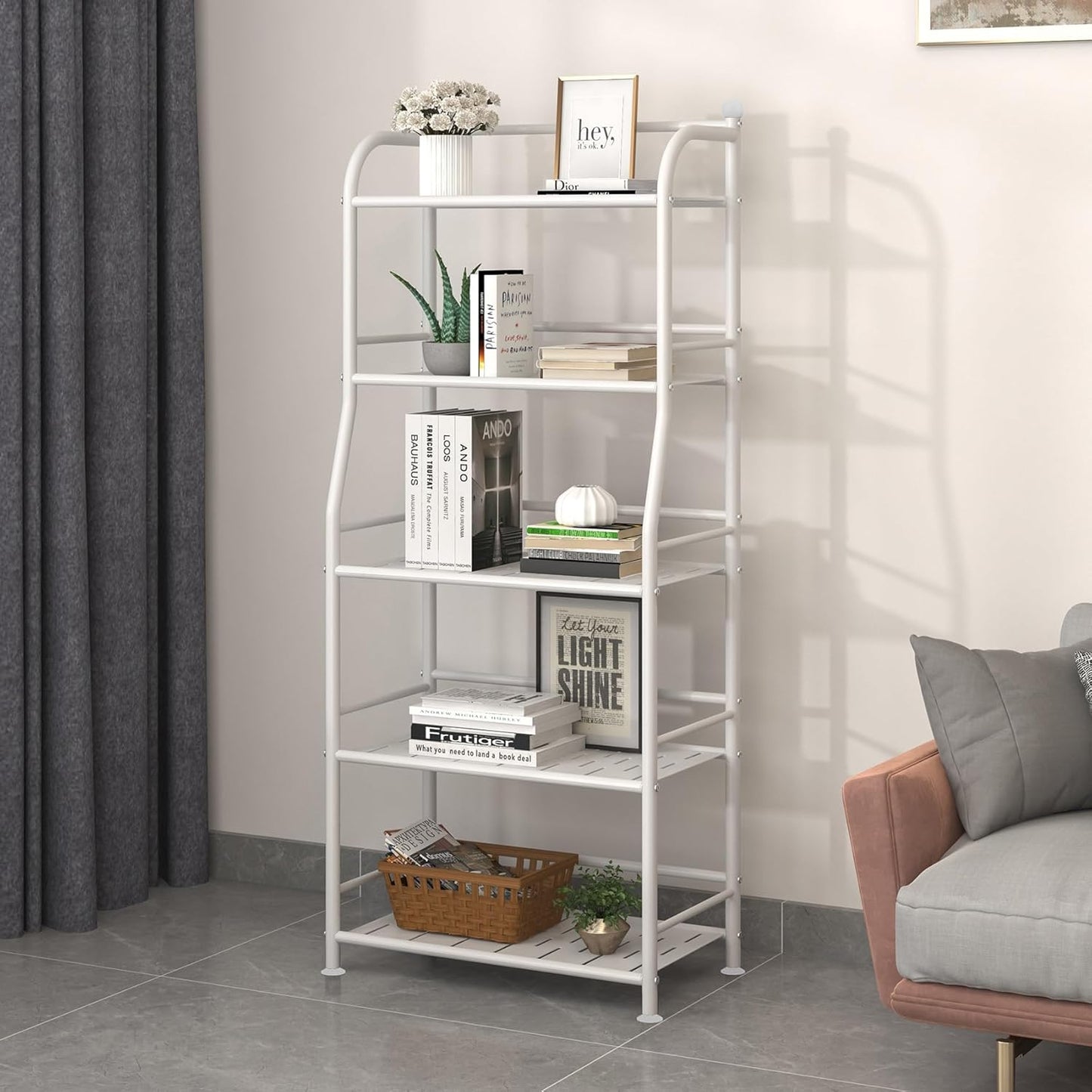 5 Tier Metal Shelf Storage Shelves Living Room Bookshelf Bathroom Corner Storage Rack for Kitchen,Indoor Plant Stand (Matte White, 5 Tier)