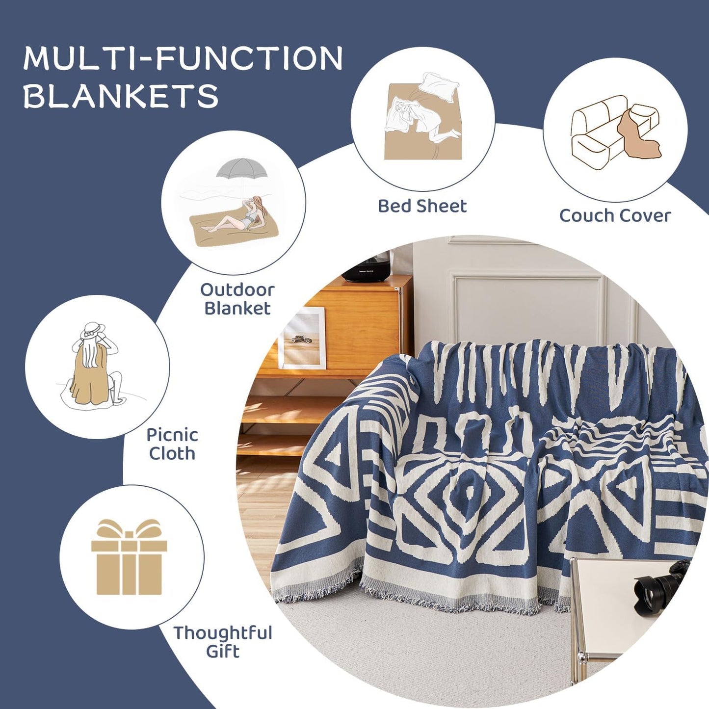 STACYPIK Boho Chenille Blue Sofa Cover L Shaped Couch Cover Reversible Couch Cover for 3 Cushion Couch Non-Silp Furniture Cover for Dogs Cats Sectional Sofa Cover for Loveseat Futon Cover-91X150IN