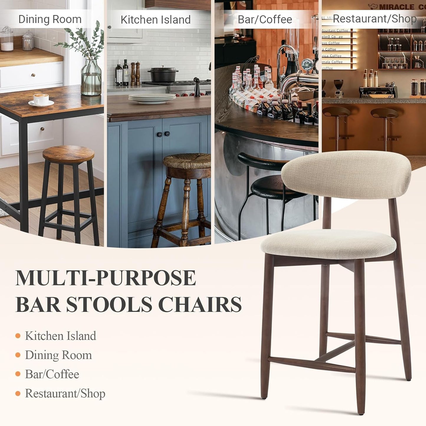 COLAMY Counter Height Bar Stools Set of 3, Upholstered Barstools with Back, Mid Century Modern Stools with Wood Legs for Kitchen Island Dining Room, Beige