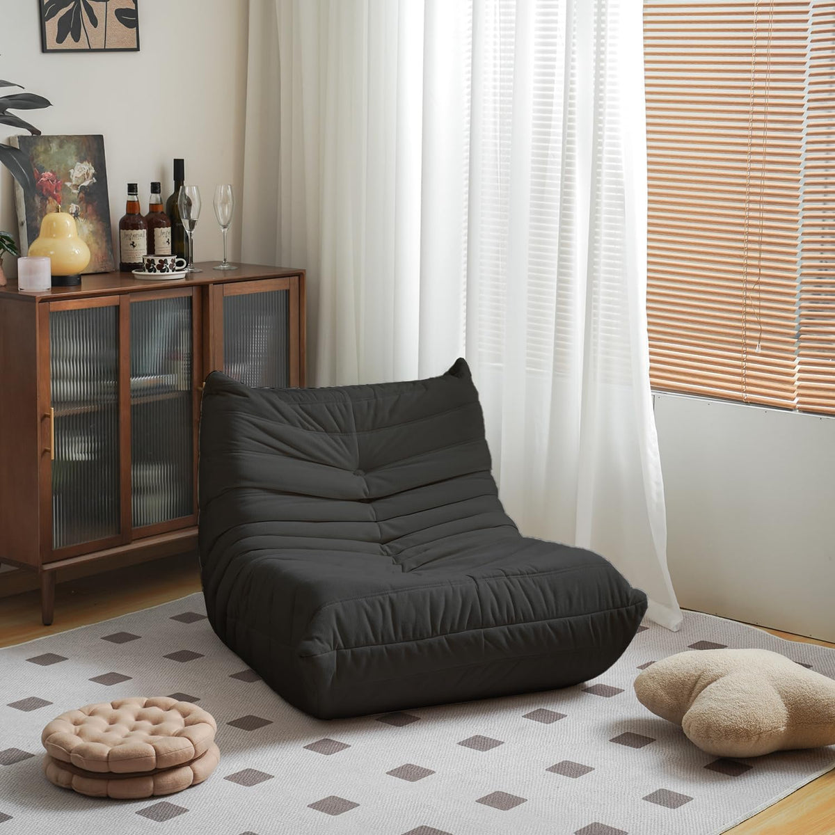 N&V Fireside Chair, Mid Century Armless Floor Sofa, Soft Premium Microfiber Floor Lounge Chair, Foam Sofa Accent Chair for Living Room Bedroom and Office (Black, Single)