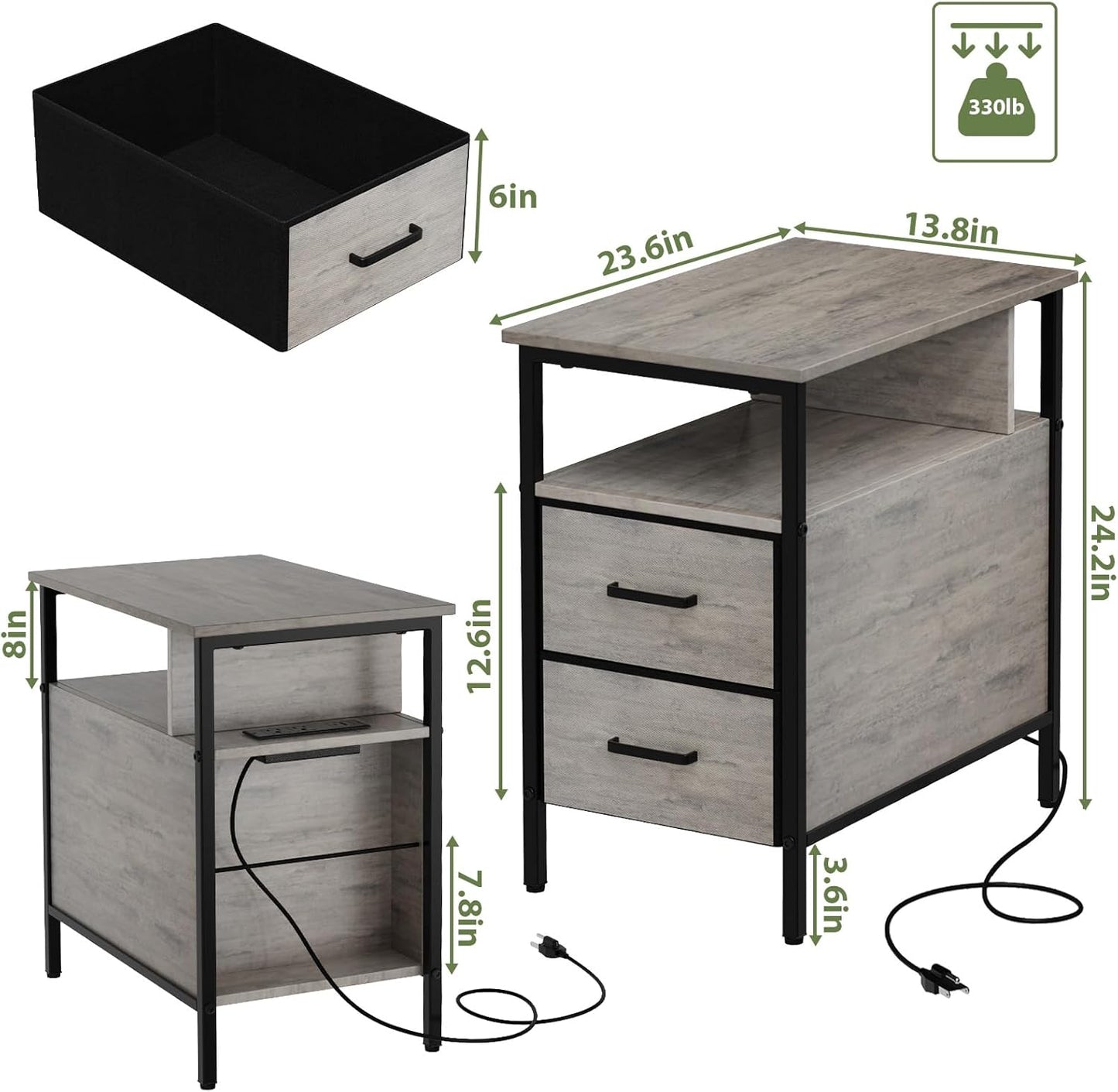 End Table with Charging Station, Narrow Side Table with 2 Fabric Drawer & Storage Shelf, USB Ports & Power Outlets, Narrow Nightstand for Bedroom Living Room Small Spaces, Greige