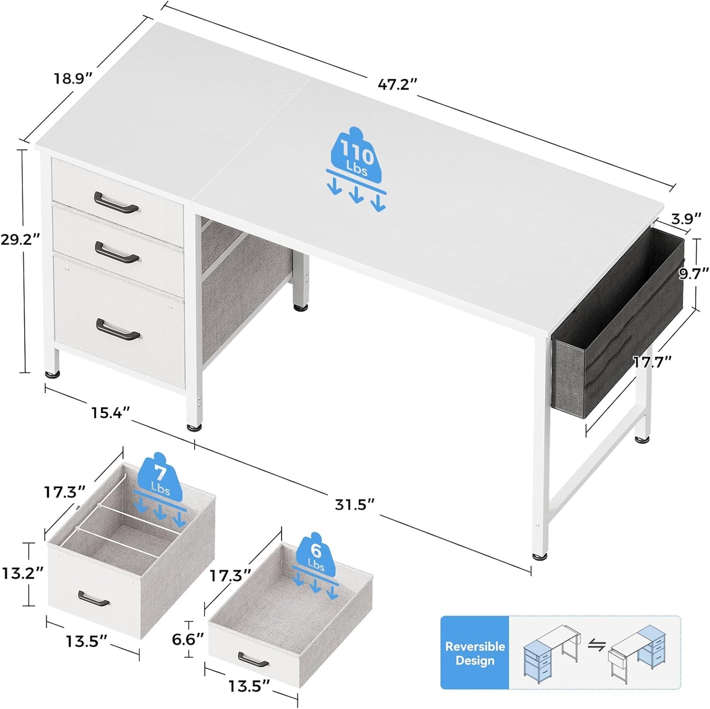 Casaottima 48" Small Computer Home Office Desk for Bedroom with Fabric Drawers & File Cabinet, Cloth Storage Bag and Hook, Writing Study Work Table for Small Space, White
