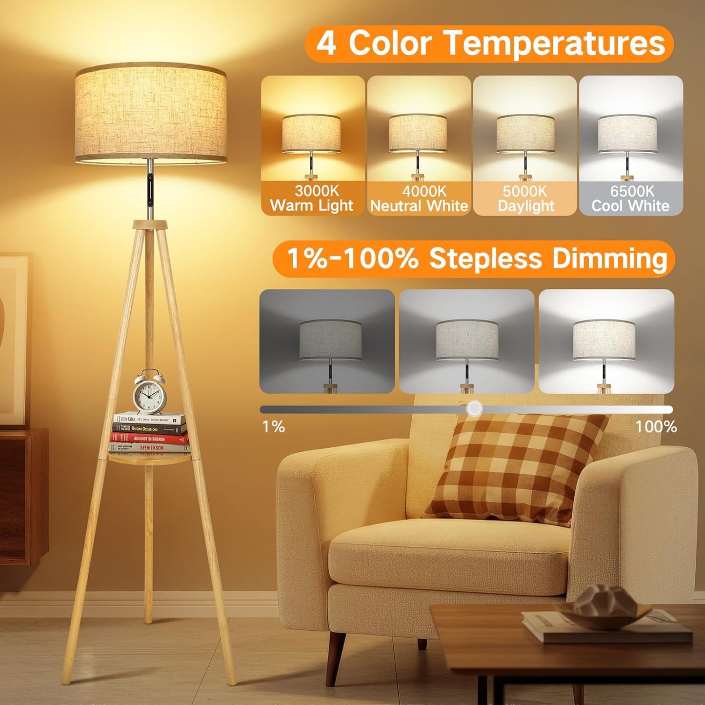 OUTON Wood Tripod Floor Lamp with Shelves, Mid Century LED Modern Dimmable Floor Lamp with Remote Control, Sturdy Tall Standing Lamp with Beige Lamp Shade for Living Room, Bedroom, Office
