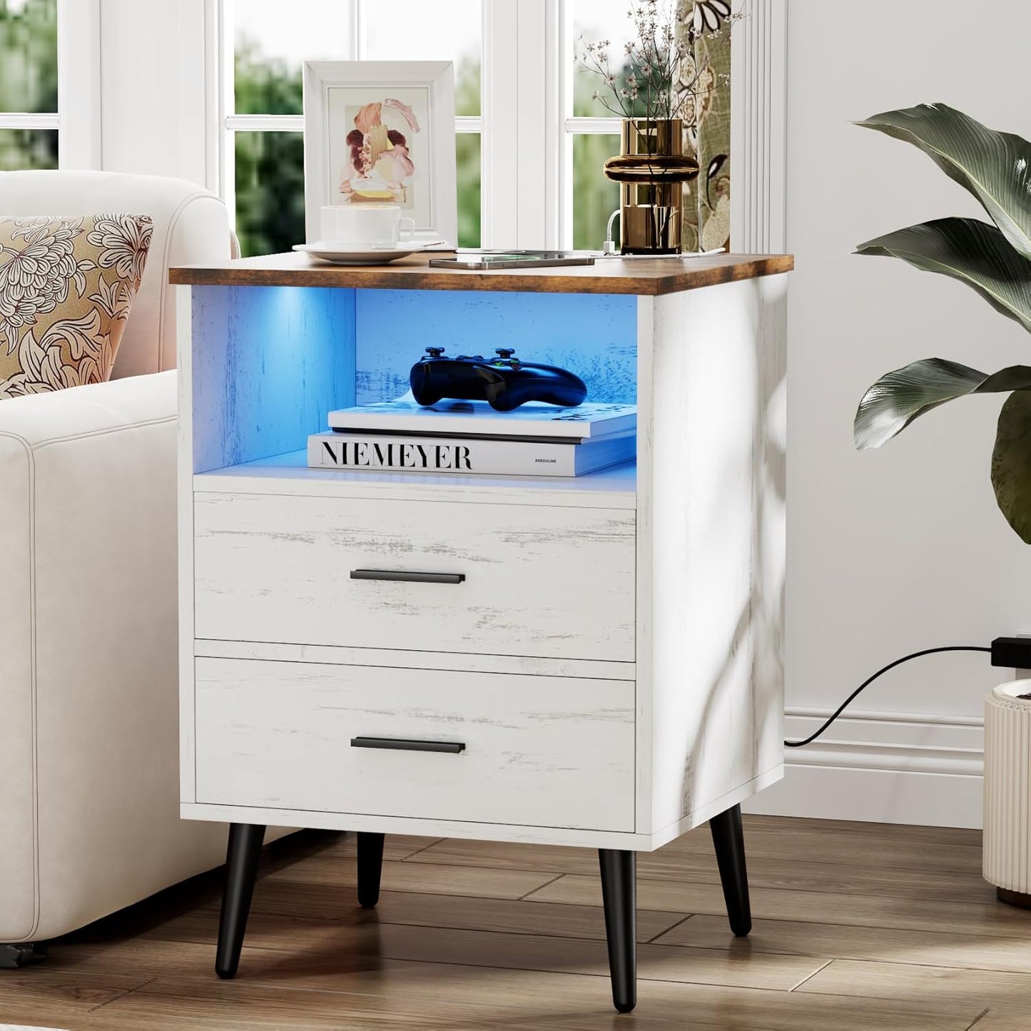 Farmhouse Nightstand with Charging Station and LED Lights, 25.6" H x 17.7" W x 15.7" D Wooden End Table with 2 Drawers, Smart Bedside Table for Dorm, Apartment, Small Space, Antique White