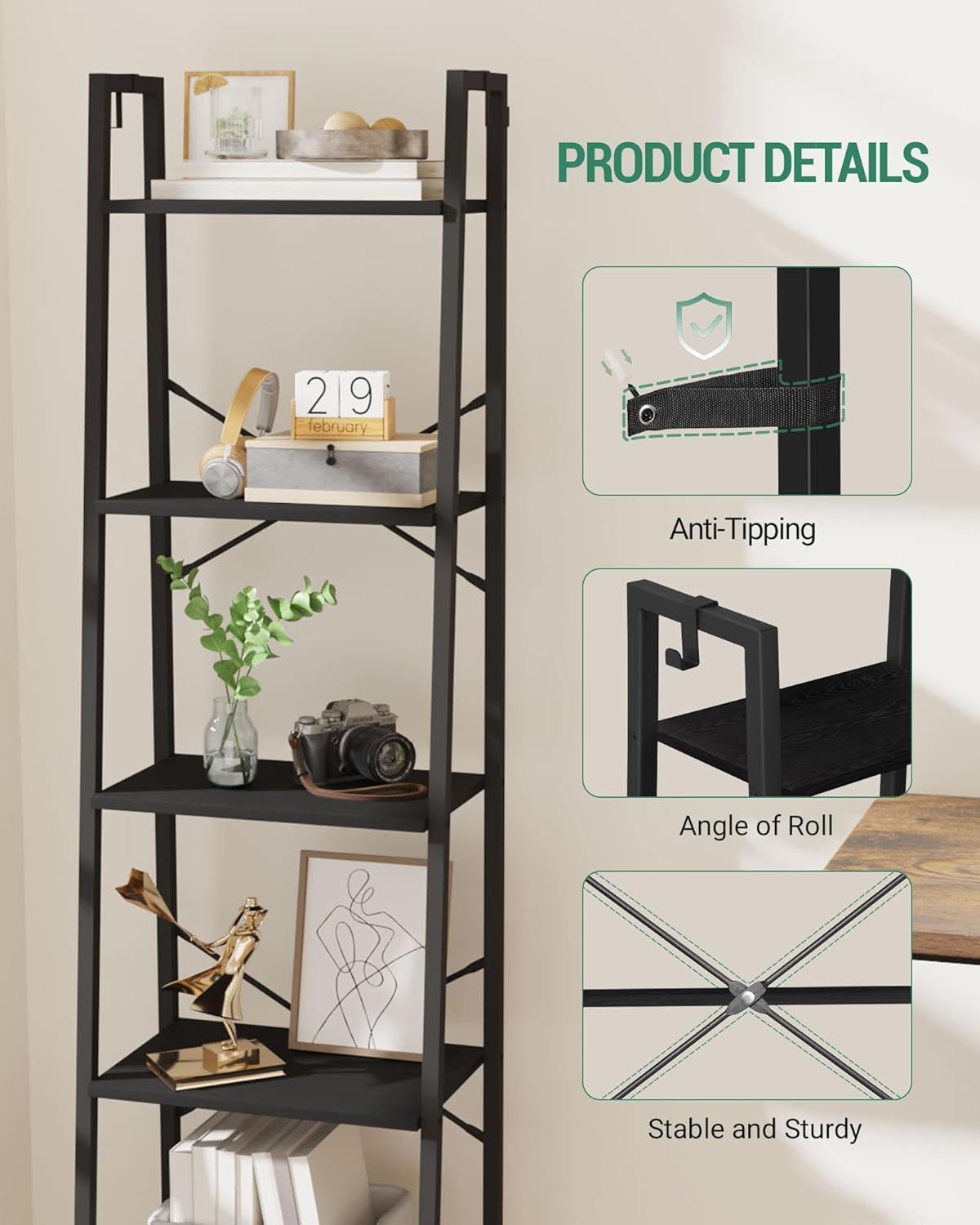 Ladder Shelf, Bookshelf Bookcase, Freestanding Corner Storage Shelve with 2 Hooks for Home Office, Living Room, Kitchen, Bedroom, Industrial, 5-Tier Black BC19204B