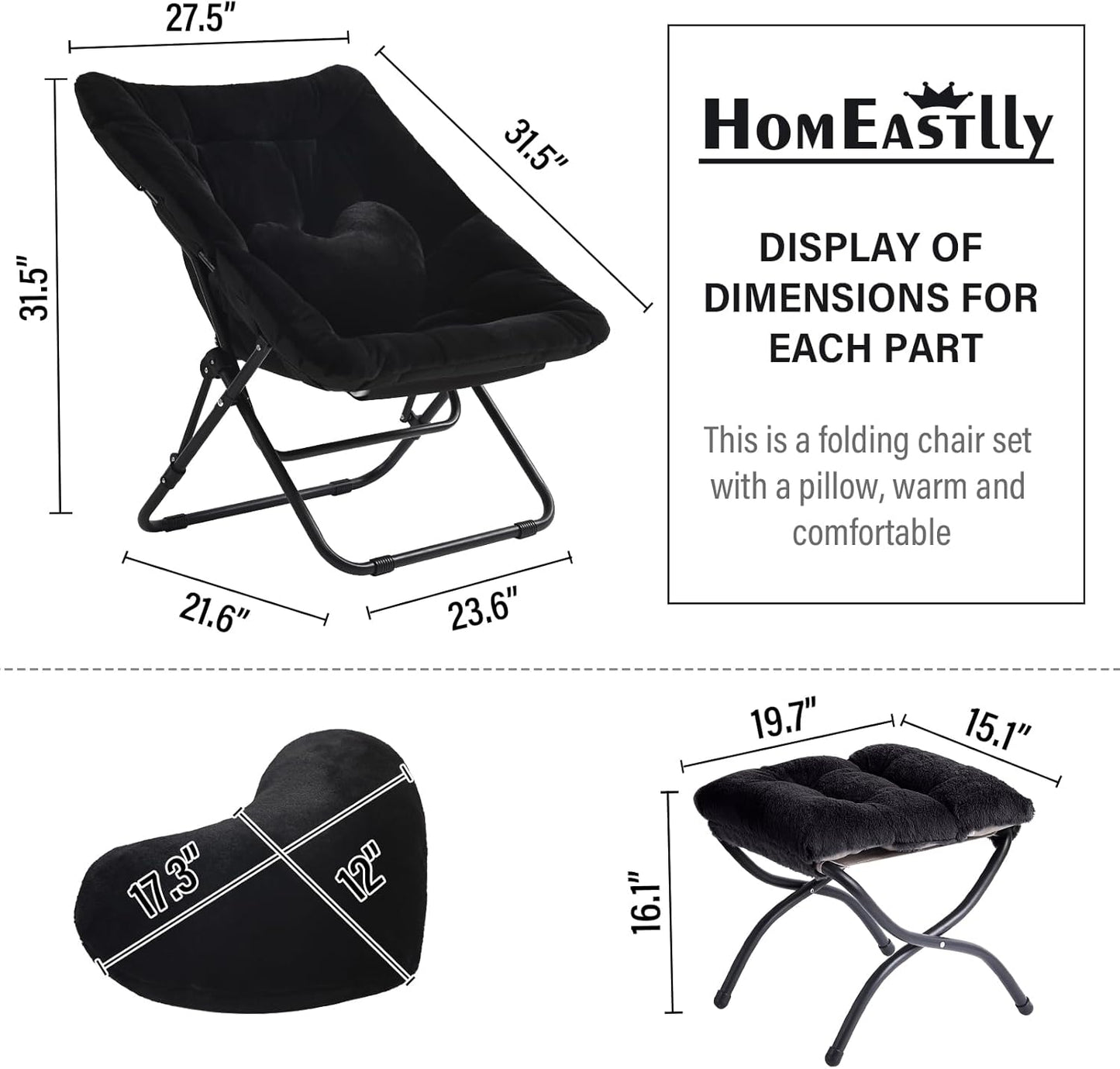 Comfy Saucer Chair with Ottoman, Oversized Folding Faux Fur Chair Soft Furry Lounge Lazy Chair with Metal Frame Moon Chair Accent Chair for Bedroom, Living Room, Dorm Rooms, Black