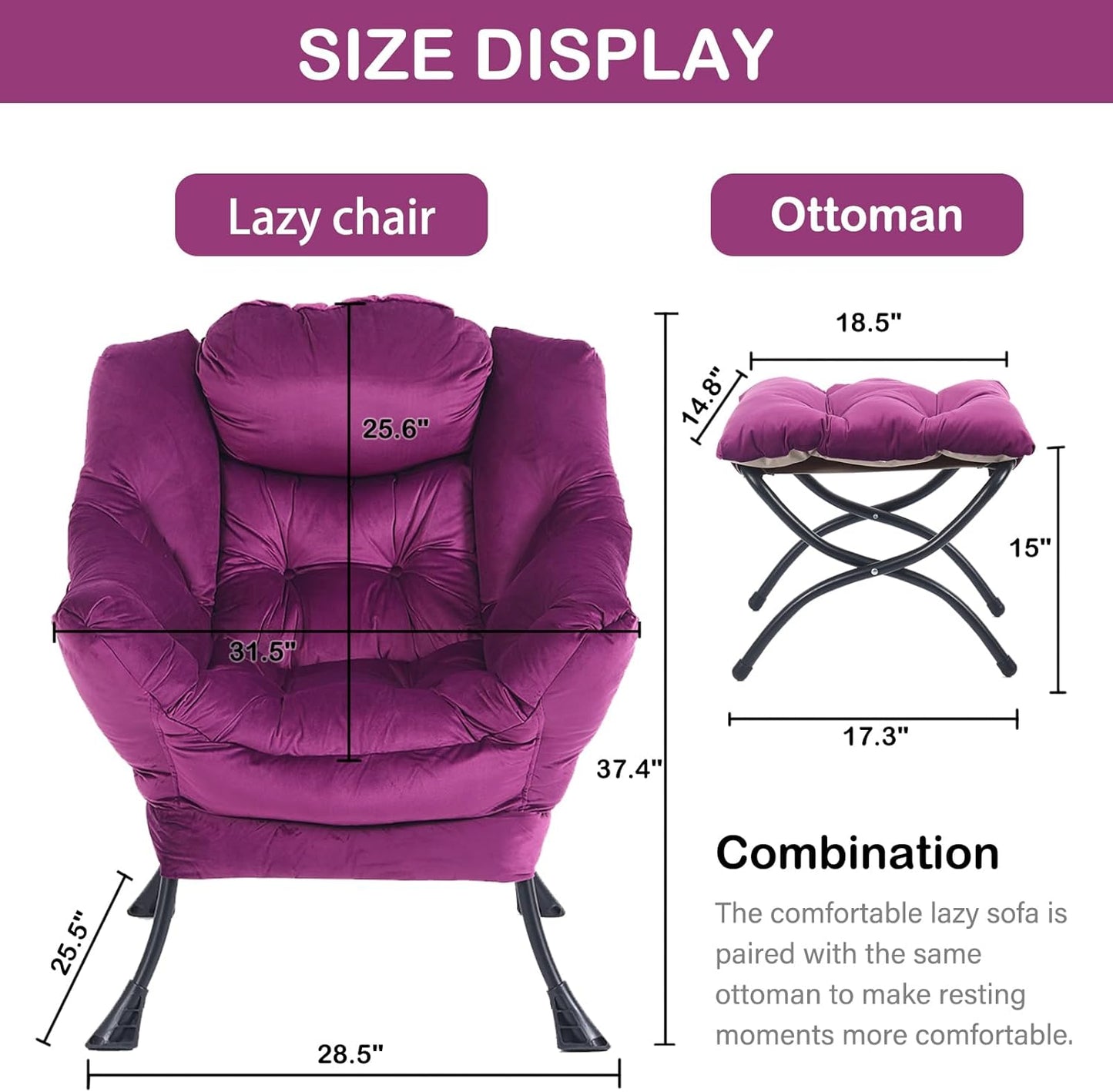 LITA Lazy Chair with Ottoman, Modern Accent Leisure Upholstered Sofa Chair, Contemporary Lounge Reading Chair with Armrests and a Side Pocket for Living Room, Bedroom & Small Space