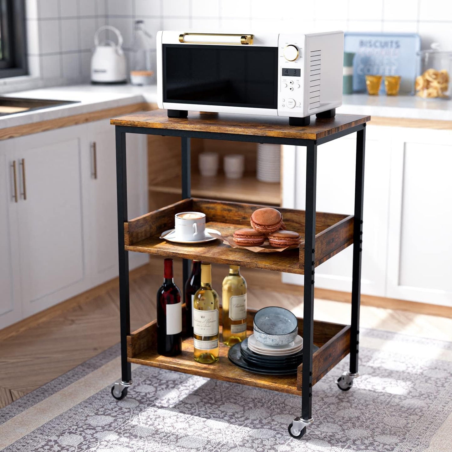 Kitchen Microwave Cart, 3 Tier Rolling Utility Cart on Wheels Coffee Cart, Storage Islands for Living and Kitchen Room