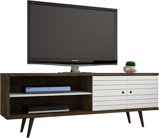 Manhattan Comfort Liberty Mid Century Modern TV Stand for Televisions up to 60 Inches, Bedroom and Living Room Entertainment Center with Storage, Shelves, and Cabinet, 63" Wide, Rustic Brown/White