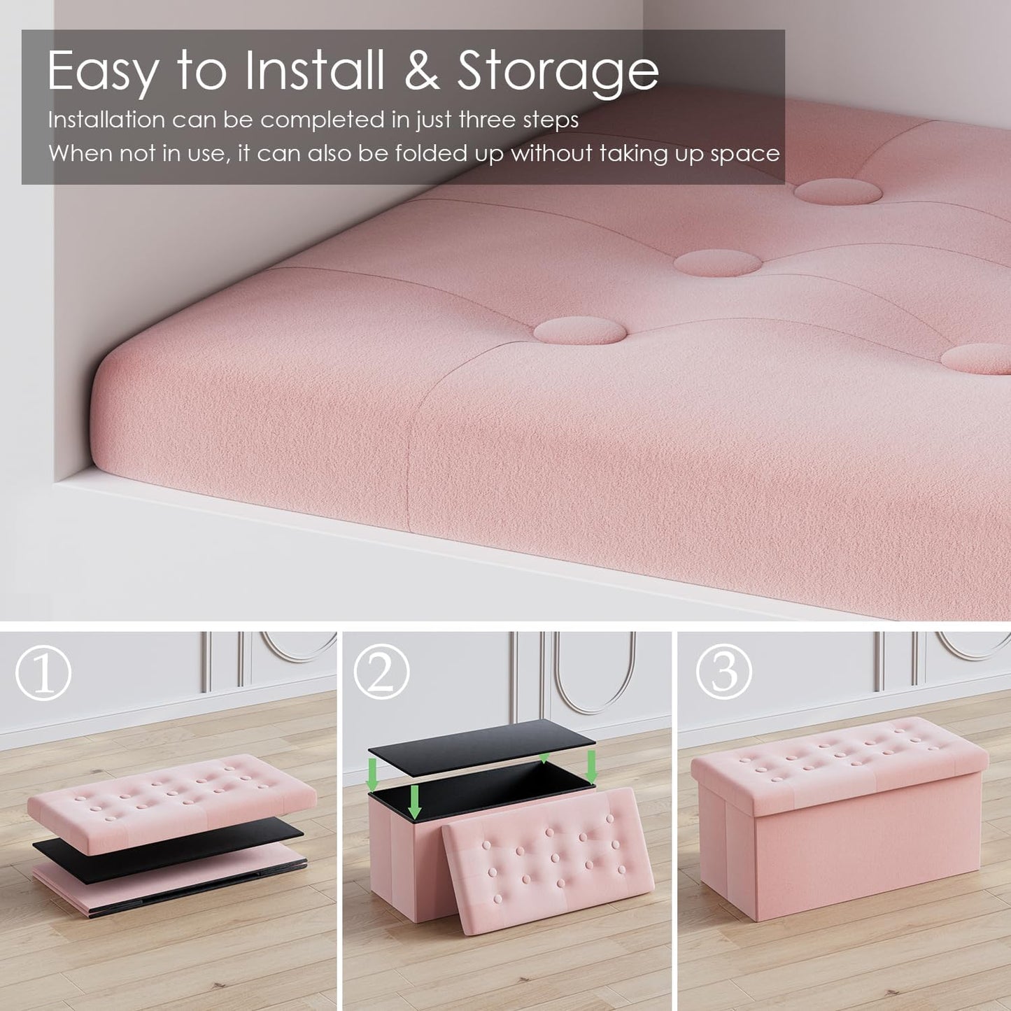 PRANDOM Extra Large Ottoman with Storage [1-Pack] Velvet Folding Small Square Foot Stool with Lid for Toy Living Room Bedroom Coffee Table Dorm Pink 30.5x15x15 inches