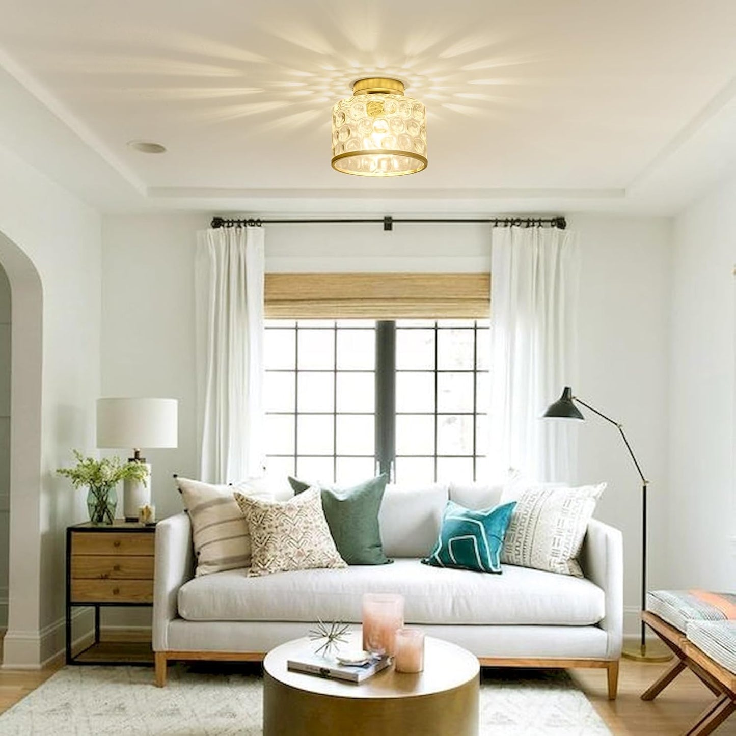 Gold Flush Mount Ceiling Light with Clear Hammered Glass lampshade, Farmhouse Ceiling Lights Fixture in Satin Brass for Kitchen Bathroom, Bulb not Included