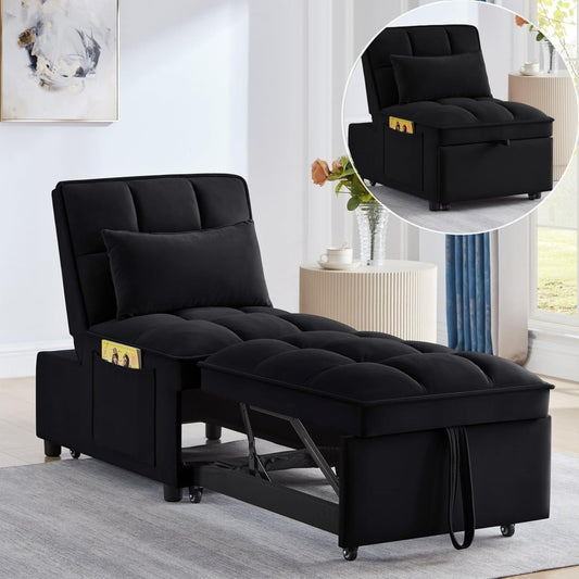 KEIKI Velvet Single Convertible Sleeper Chair Sofa Bed with Adjustable Backrest, Pillows & Storage Pockets, 3 in 1 Pull-Out Couch Chaise Lounge Recliner for Living Room Balcony Bedroom, Black