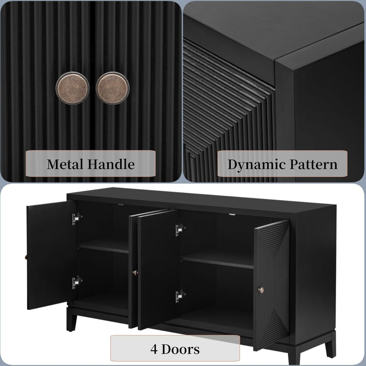 Merax 60" Sideboard Buffet Storage Cabinet with 4 Doors and Adjustable Shelves, Modern Wooden Accent Fluted Credenza Console Table for Kitchen, Study, Dining, Living Room, Coffee Bar, Entryway, Black