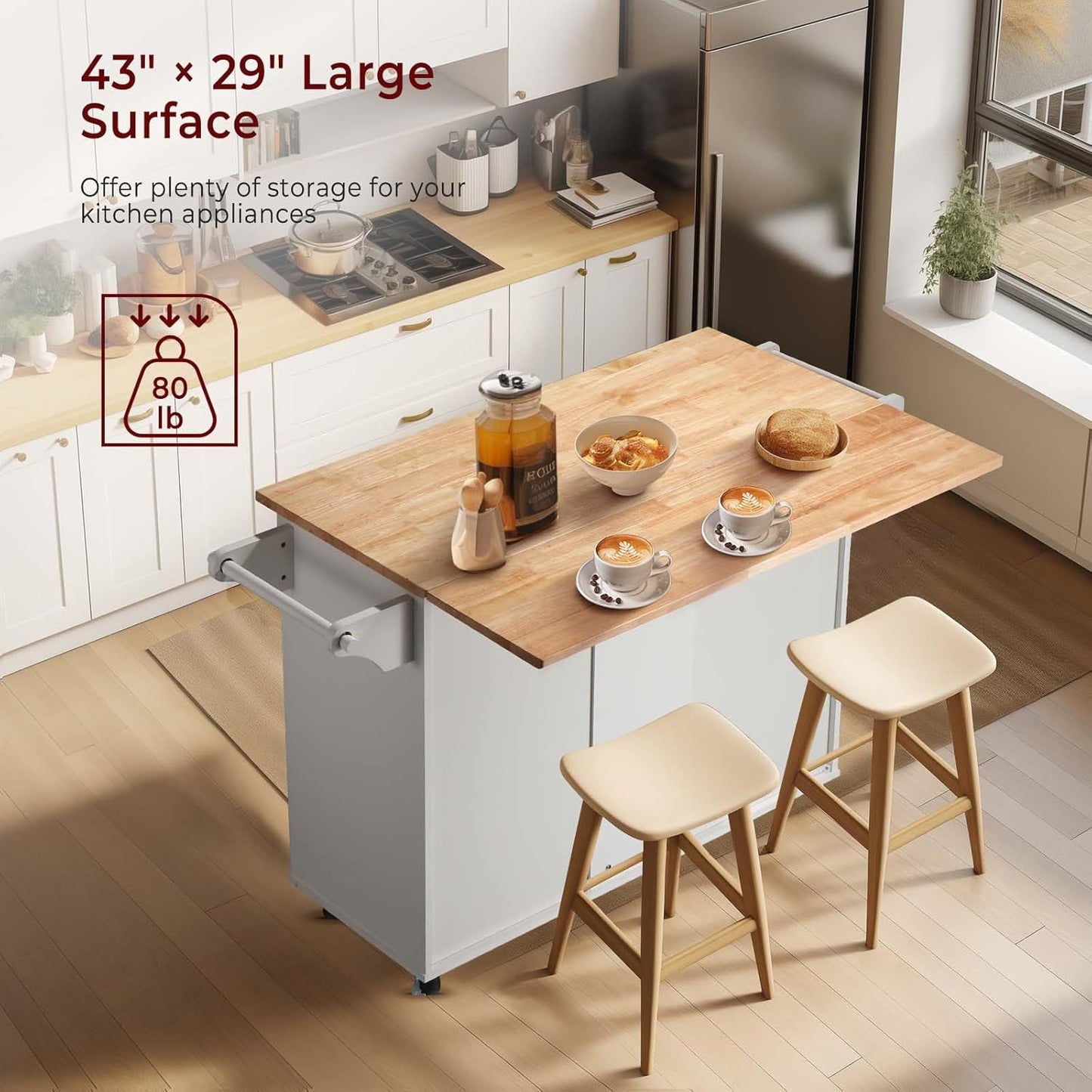 54" Rolling Kitchen Island Cart with Storage, Large Kitchen Cart Cabinet with Folding Drop Leaf Breakfast Bar, Wood Island Table with 3 Drawers and Spice Rack & Towel Rack, White