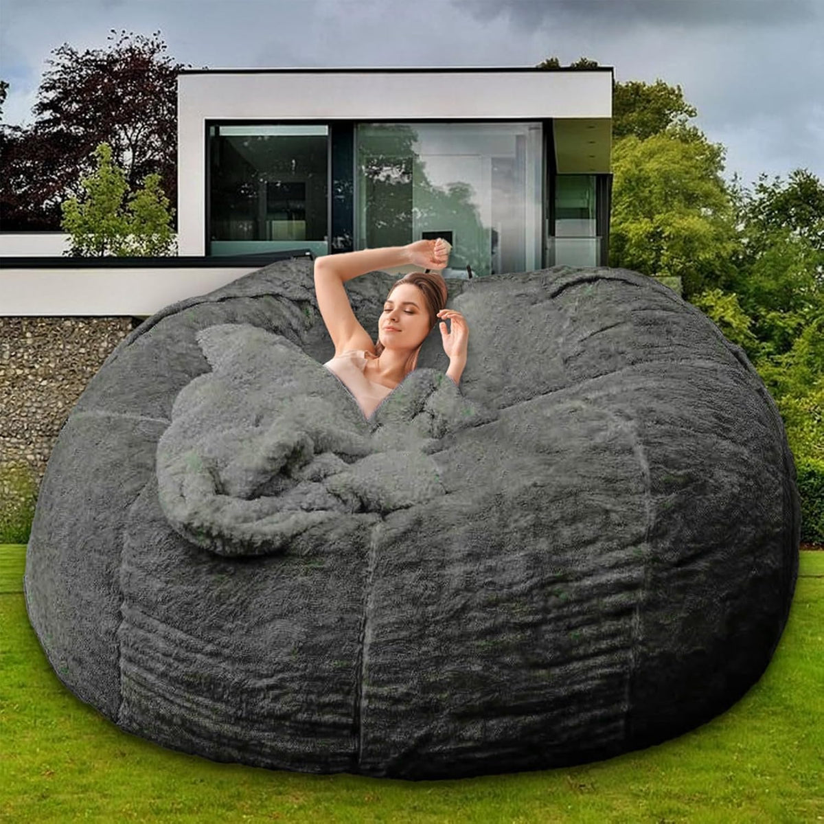 Bean Bag Chair for Adults Kids Without Filler Fluffy Comfy Giant Round Beanbag Sofa Chair Cover for Stuffed Animal Storage Living Room, 5FT, Dark Grey