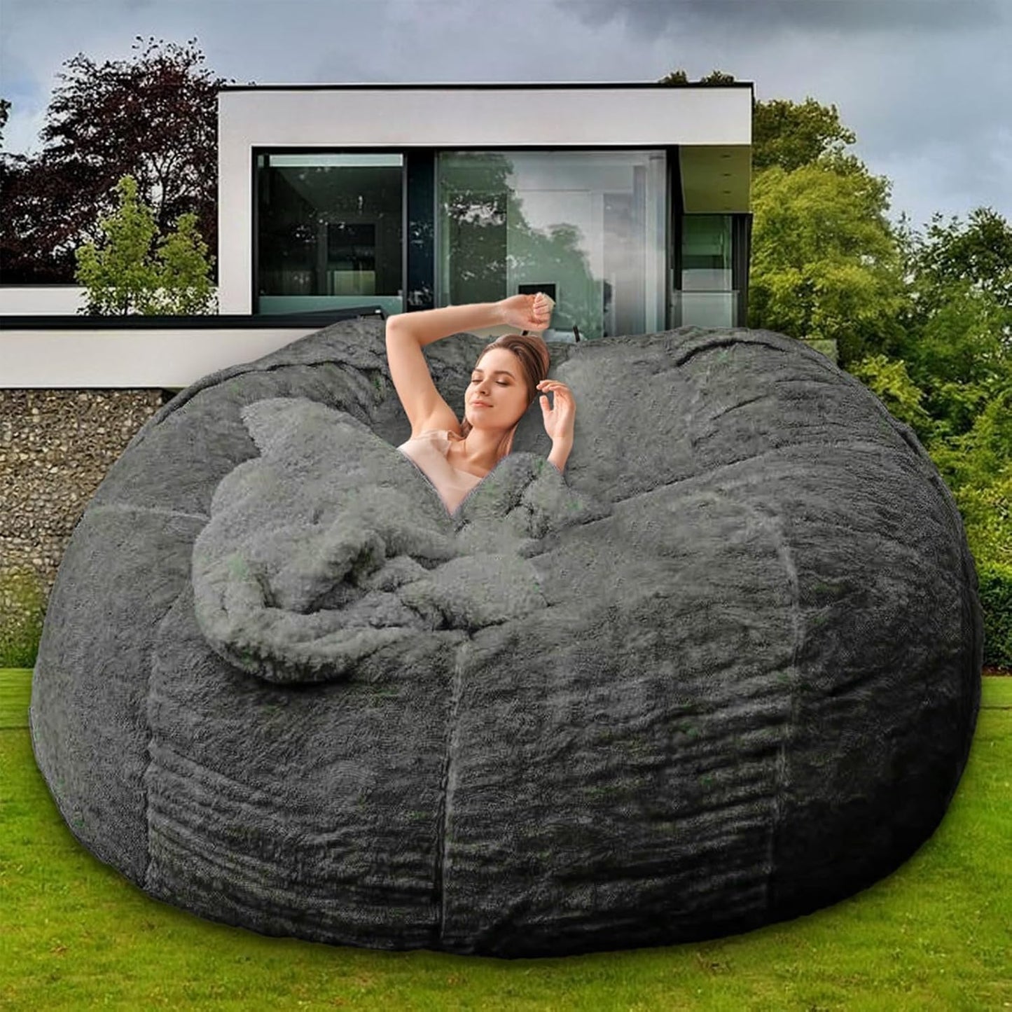 Bean Bag Chair for Kids Adults Without Filler Oversized Round Plush Beanbag Chair Lazy Sofa Cover for Stuffed Animal Storage Floor Chair, 5FT, Light Grey
