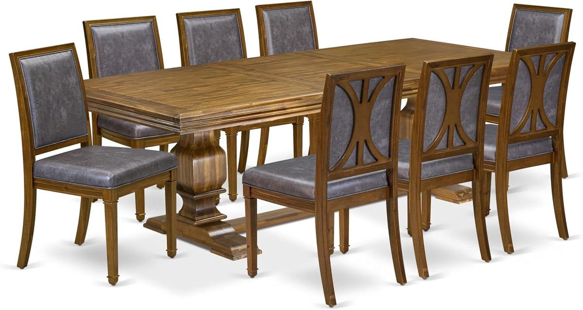 NKAM9-AWA-34 9-Piece Dining Table Set Includes a Kitchen Table and 8 Dark Grey Polyester Fabric Dinner Chairs with High Back - Antique Walnut Finish