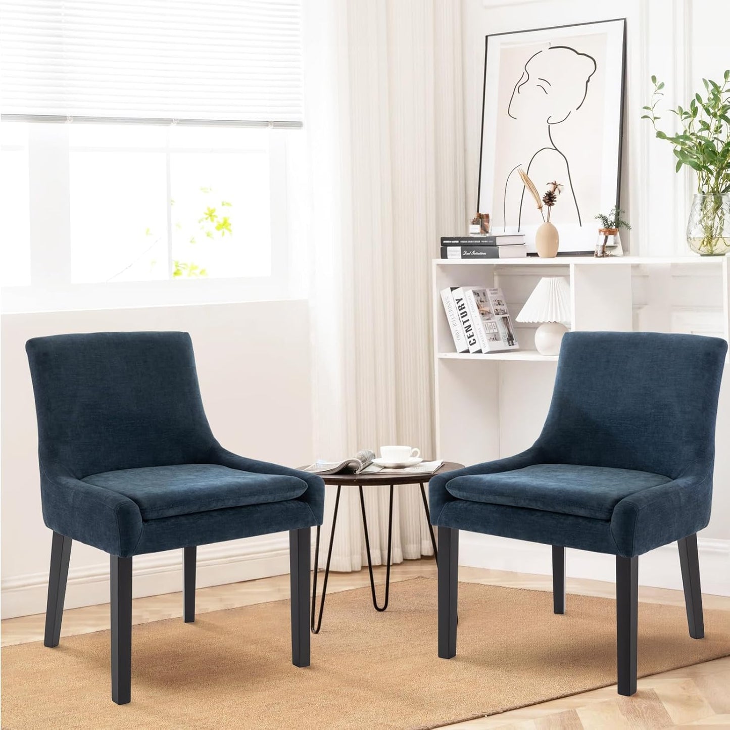 COLAMY Modern Dining Chairs Set of 2, Upholstered Corduroy Accent Side Leisure Chairs with Mid Back and Wood Legs for Living Room/Dining Room-Blue