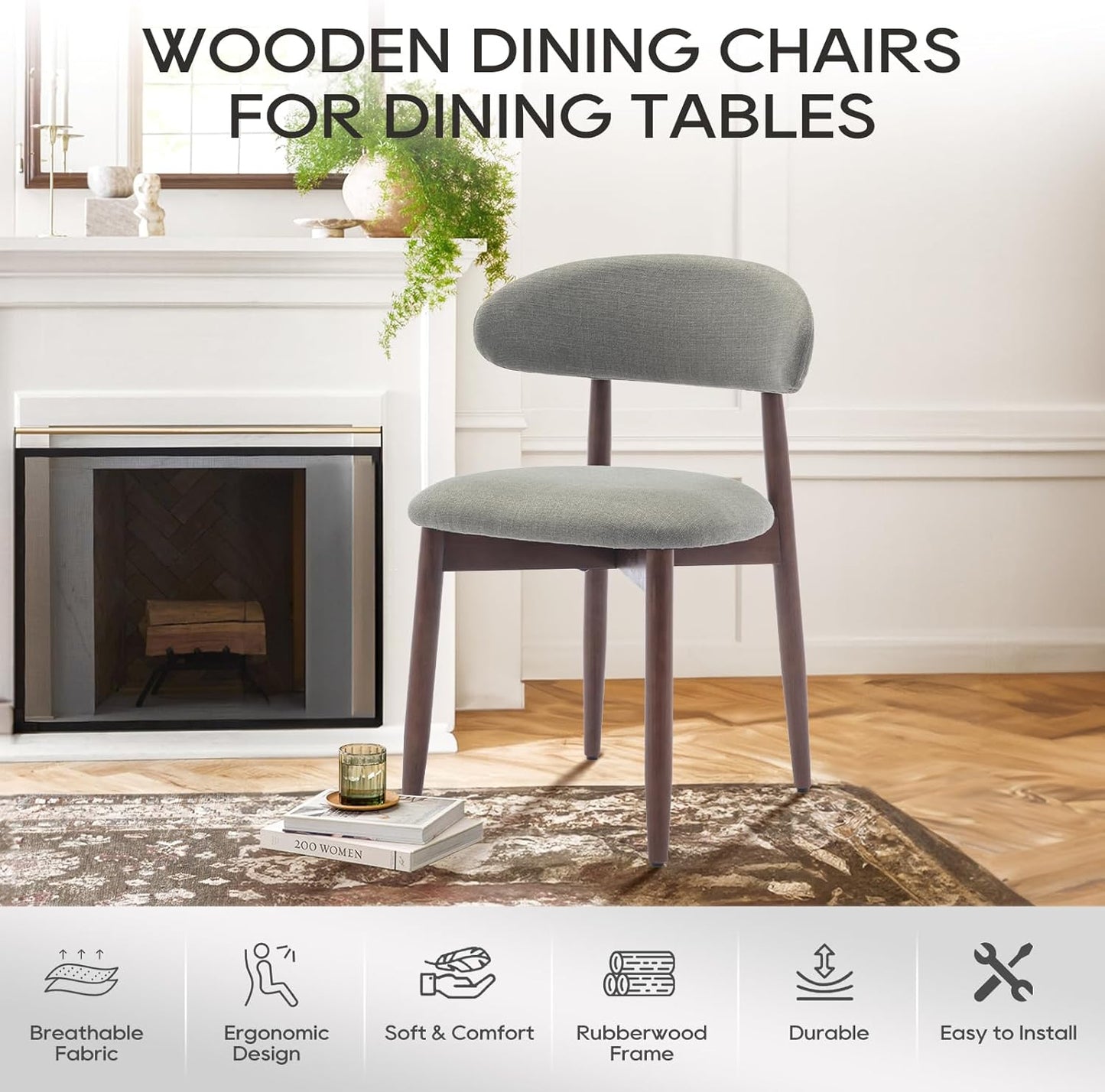 COLAMY Wooden Dining Chairs Set of 6, Modern Fabric Upholstered Kitchen Side Chairs, Farmhouse Dining Room Chairs with Foot Pegs, Green