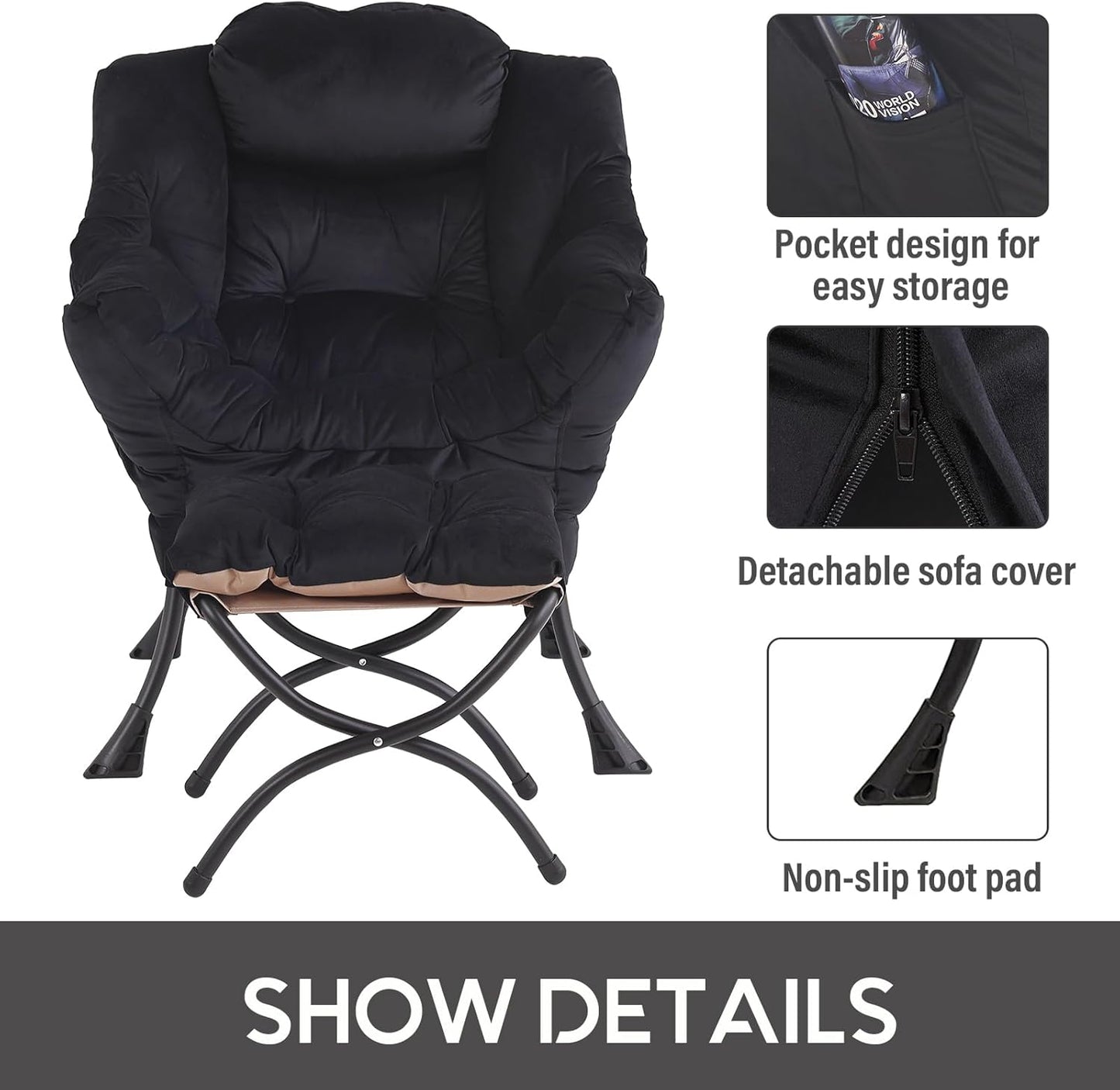 LITA Lazy Chair with Ottoman, Modern Accent Leisure Upholstered Sofa, Contemporary Lounge Reading Chair with Armrests and a Side Pocket for Living Room, Bedroom & Small Space, Black