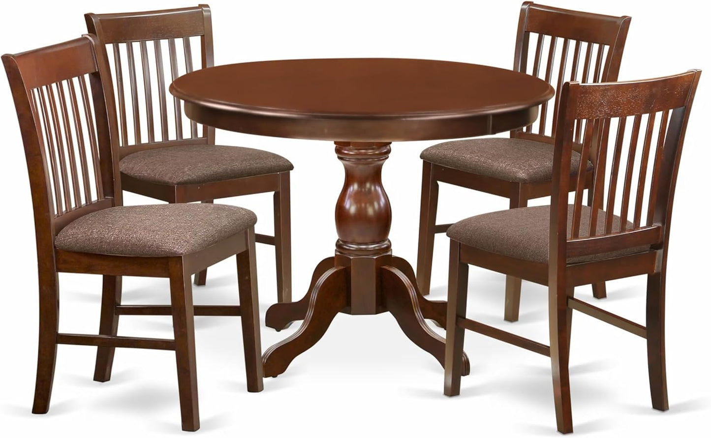 East West Furniture HBNF5-MAH-C 5 Piece Dining Table Set for 4 Includes a Round Kitchen Table with Pedestal and 4 Linen Fabric Dining Room Chairs, 42x42 Inch, Mahogany