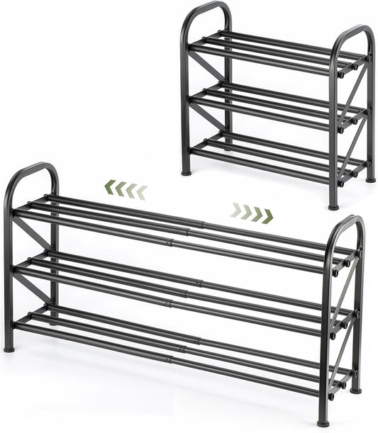 3-Tier Shoe Rack for Closet, 16"-33" Expandable ShoeRackAdjustable for Entryway Closet Doorway SturdyMetal, Black