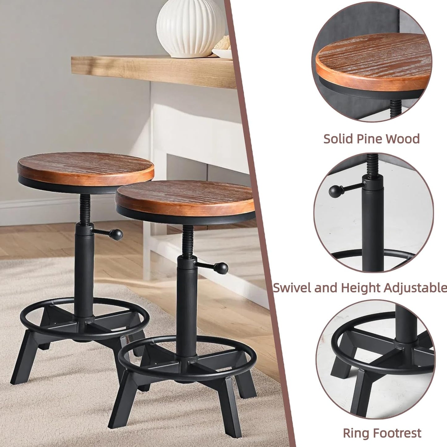 Set of 2-Industrial Bar Stool-Counter Height Chairs- Swivel Wooden Seat- Adjustable 17.7-24inch