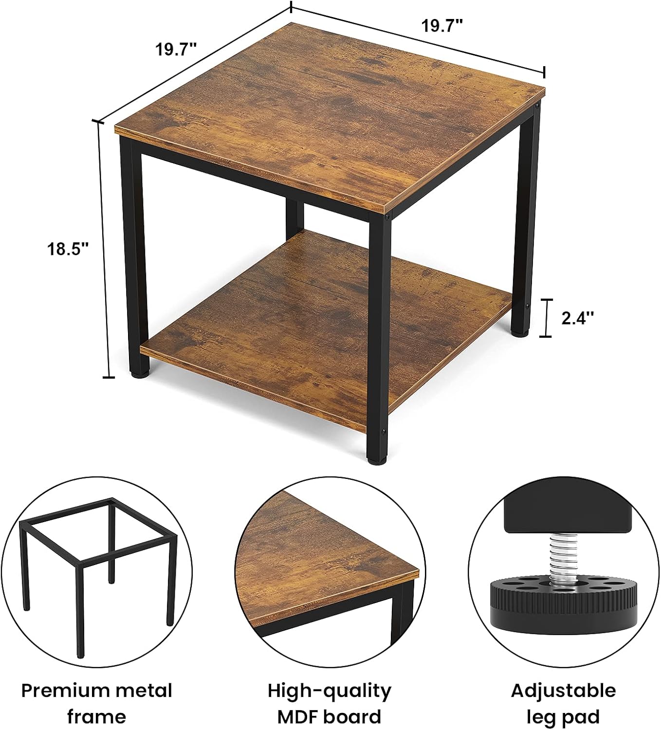 Homieasy Side Table 20 Inch Square, 2-Tier Coffee Tea End Table Nightstands for Sofa Couch Bed, Metal Wood Accent Modern Simple Industrial Style Side Table for Living Room Bedroom, Rustic Brown
