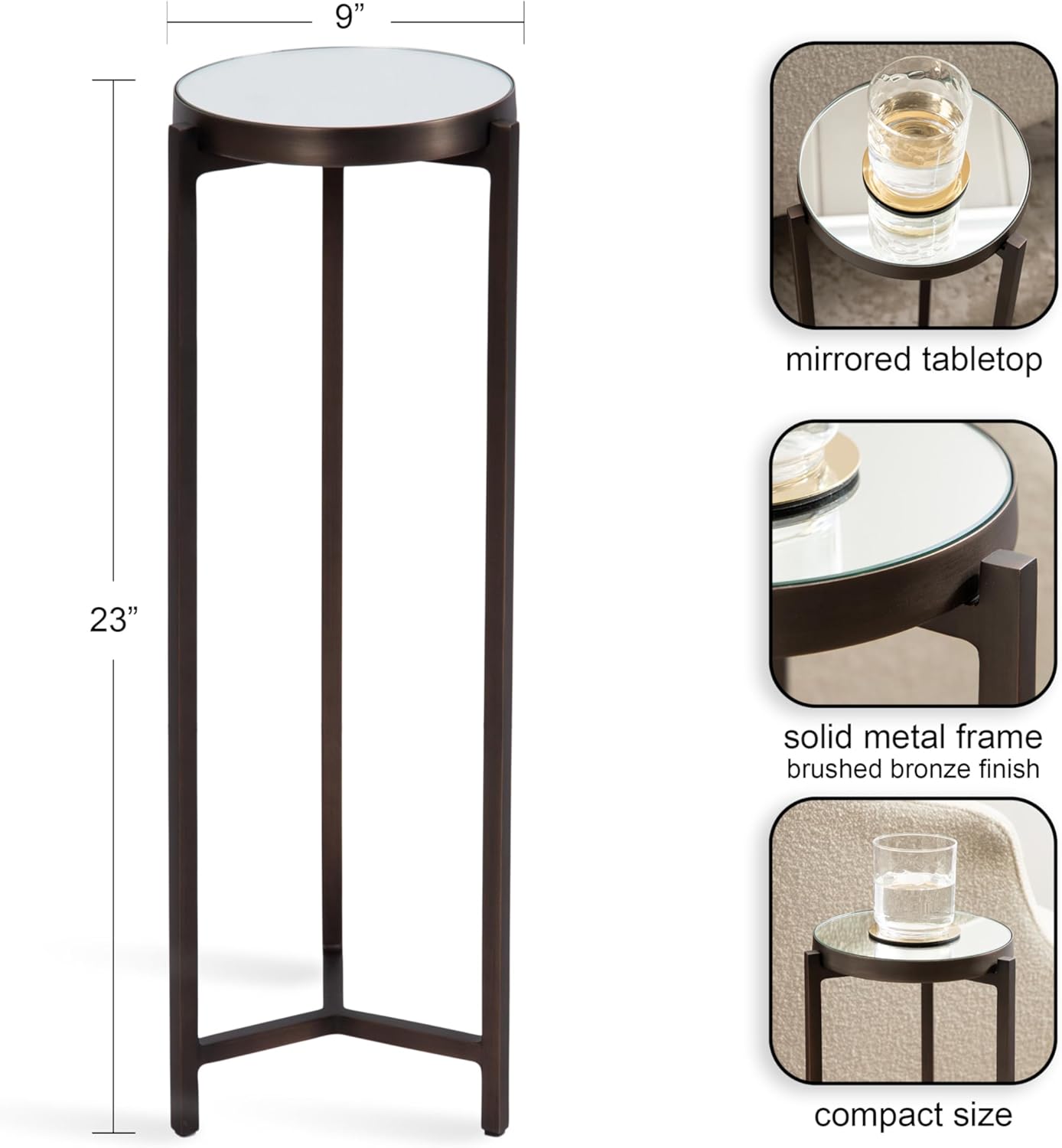 Kate and Laurel Aguilar Modern Mirrored Round Drink Table, 9 x 9 x 23, Bronze, Metal Accent Table with Mirrored Tabletop for Use as Small Plant Stand