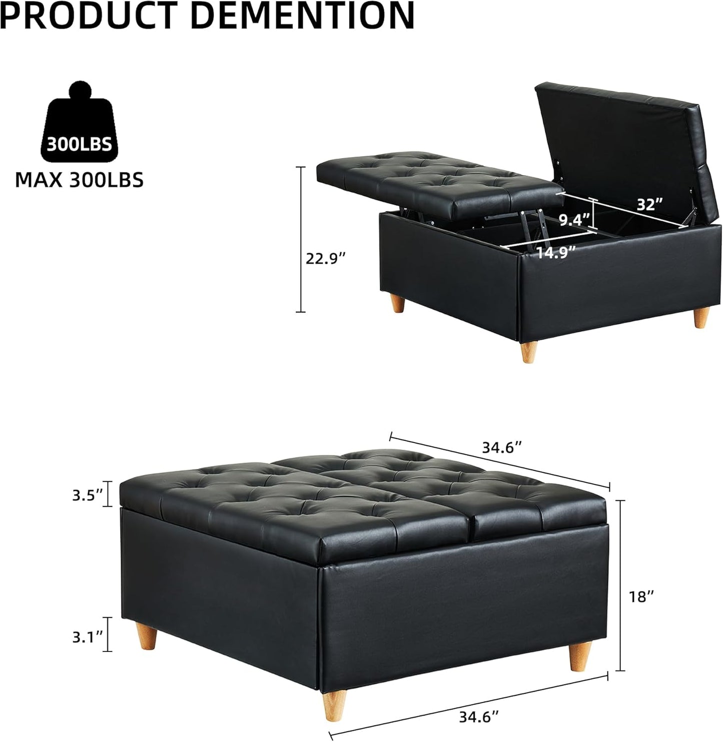 GAOMON Leather Storage Ottoman Coffee Table with Lift Top, Faux Leather Tufted Upholstered Ottoman with Storage, Large Square Storage Ottoman Bench for Bedroom Living Room(Leather, Black)