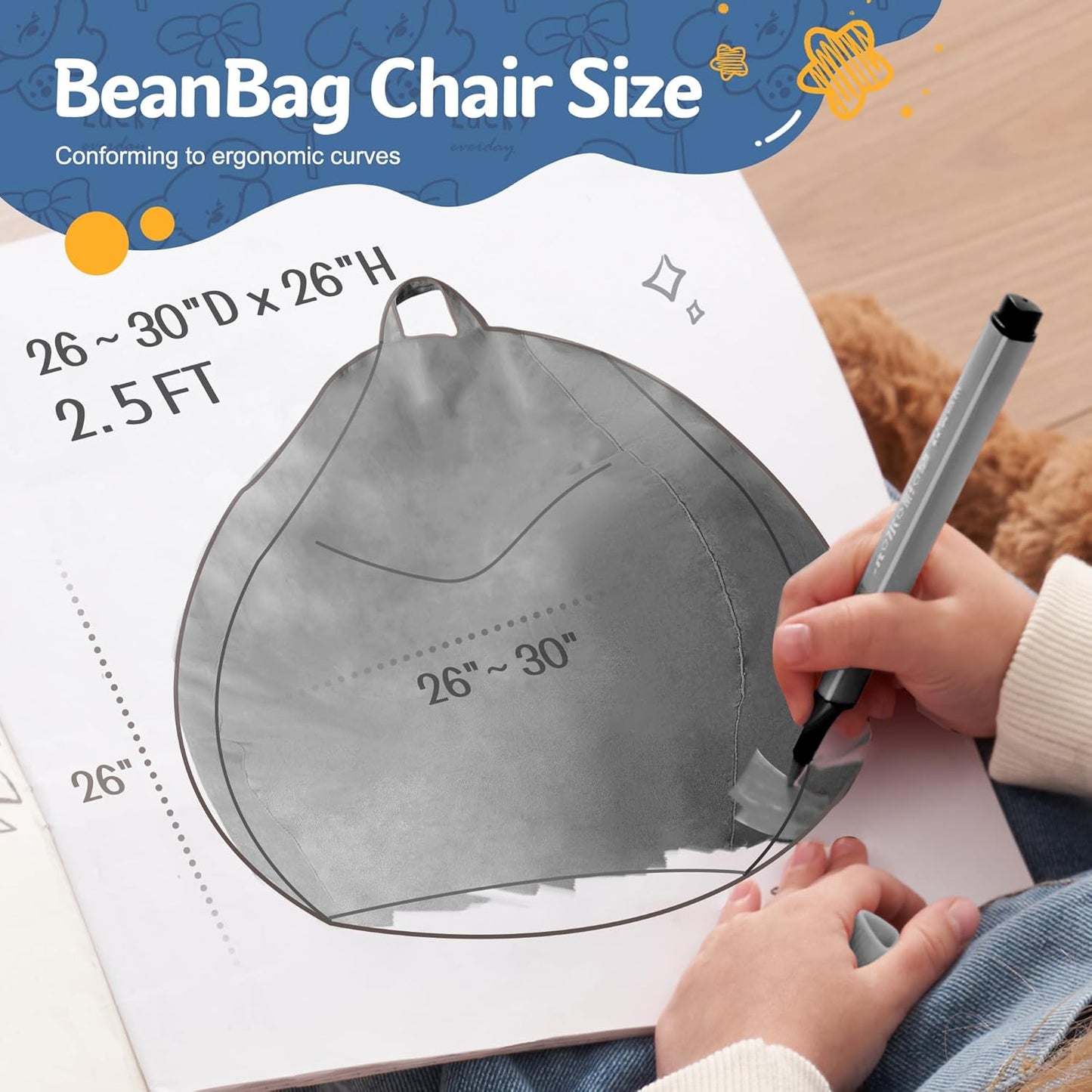 Homguava 2FT Bean Bag Chair: 2' Bean Bags with Memory Foam Filled,Comfy Beanbag Chairs Round Bean Bag Sofa with Dutch Velvet Cover-Grey