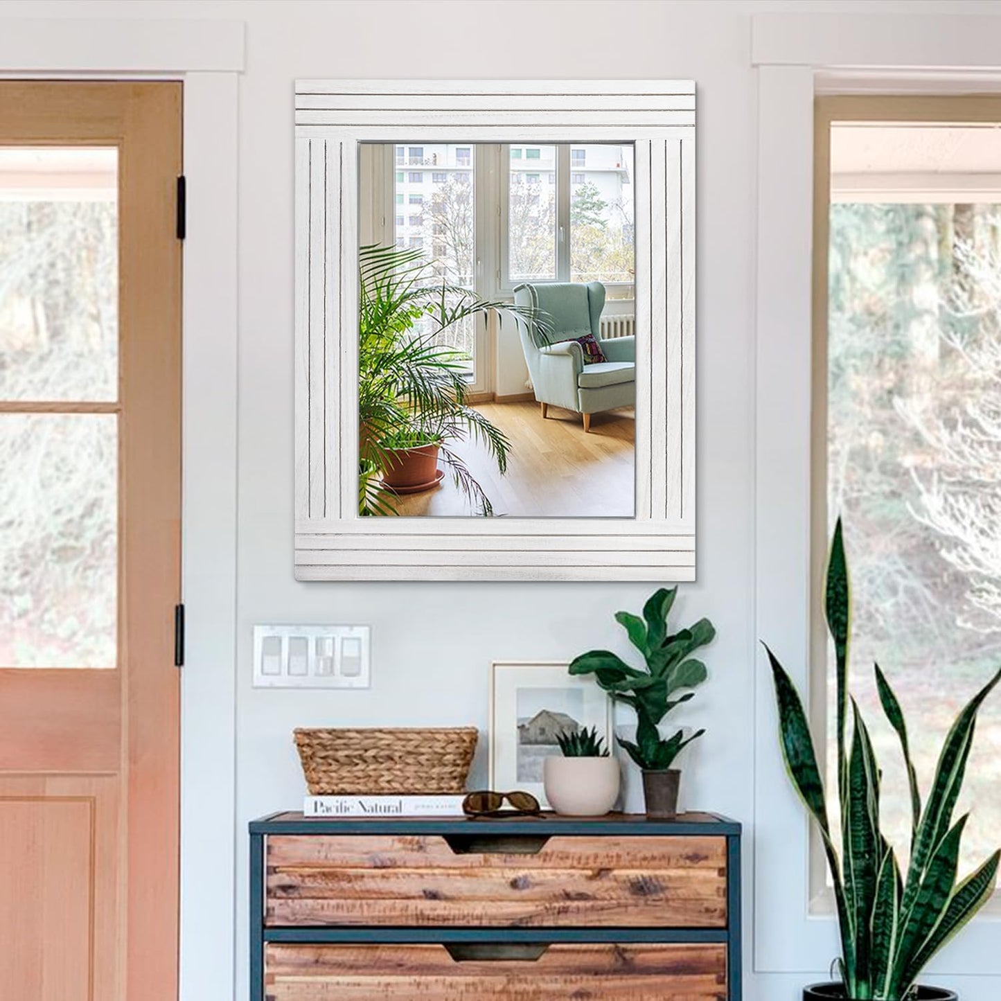 Large Rustic Wall Mirror, Rectangular Vintage Wood Framed Large Mirror Deco Farmhouse Living Room Bathroom Bedroom Entrance Mirror White 26" x 18"