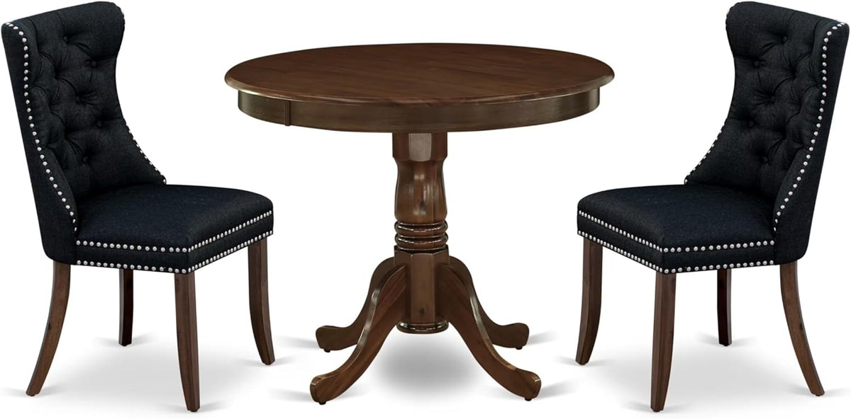 East West Furniture ANDA3-AWA-24 3 Piece Kitchen Table & Chairs Set Contains a Round Dining Table with Pedestal and 2 Polyester Fabric Padded Chairs, 36x36 Inch, Antique Walnut