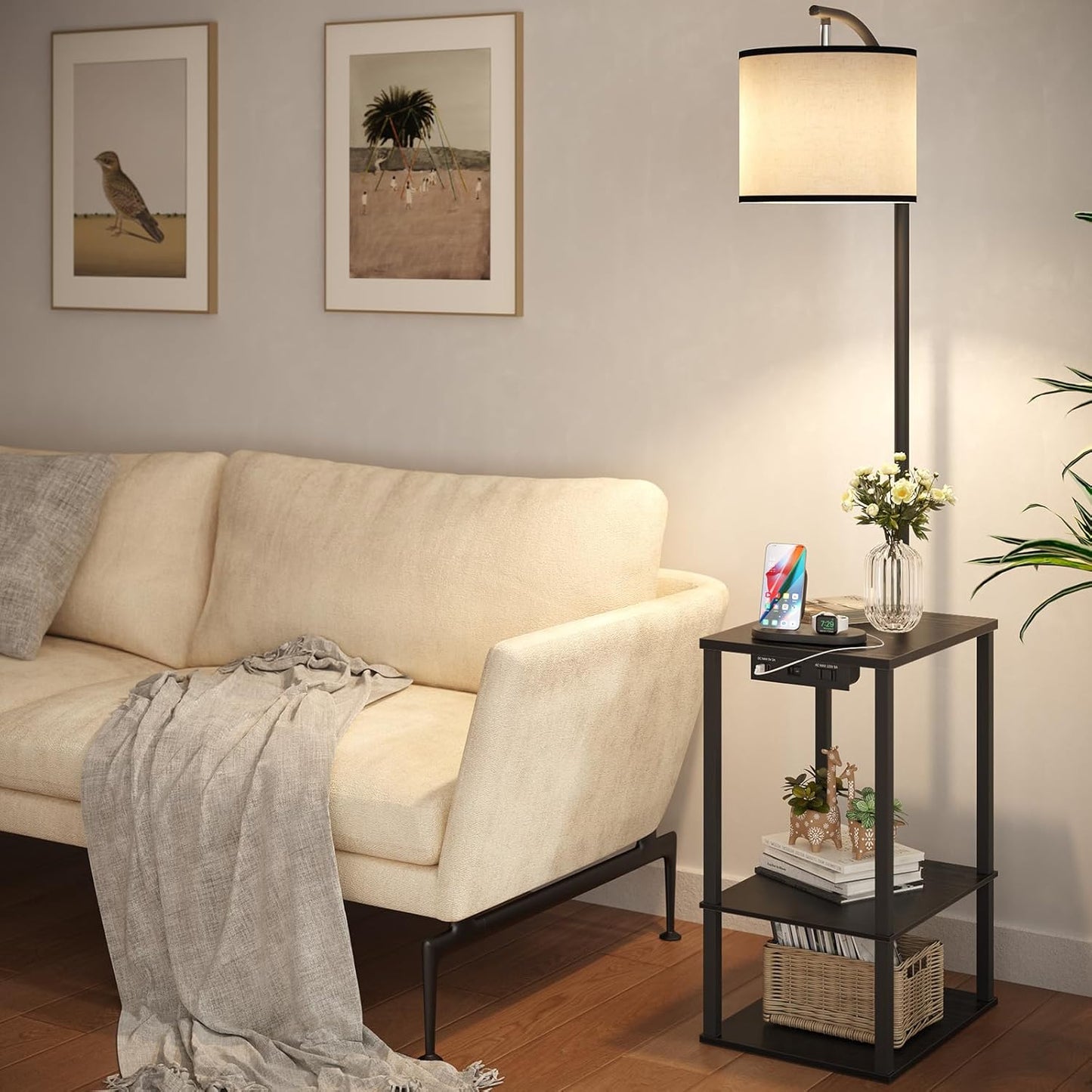 SUNMORY Floor Lamp with Table, End Table for Living Room with Lamp, Shelves Side Table with Charging Station(USB & AC Port), 3 Color Temperature LED Bulb, Modern Nightstand Lamp for Bedroom, Office