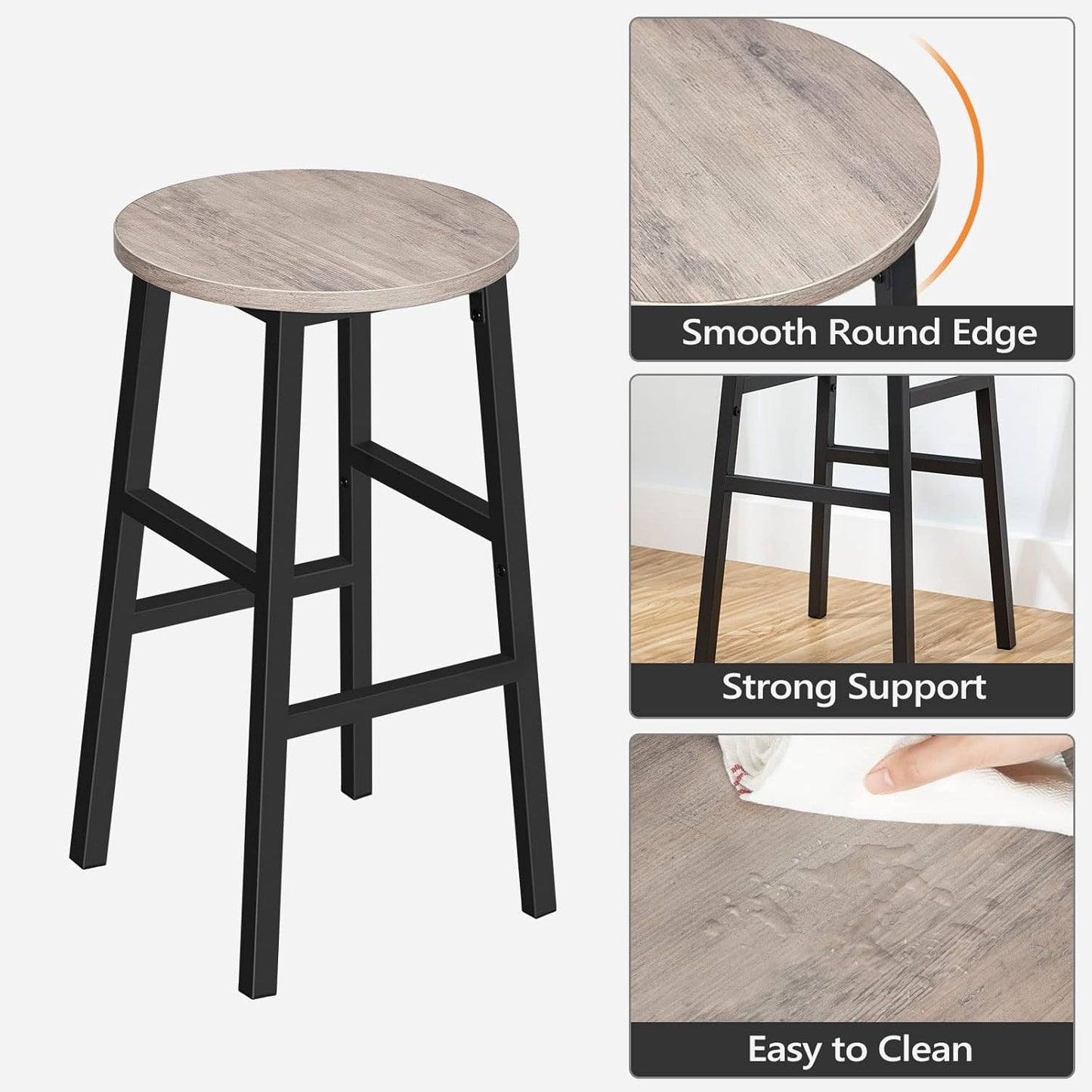 Bar Stools, Set of 2 Round Bar Chairs with Footrest, 24.4 Inch Kitchen Breakfast Bar Chairs, Industrial Bar Stools, Easy Assembly, for Dining Room, Kitchen, Greige BAHG0201Z