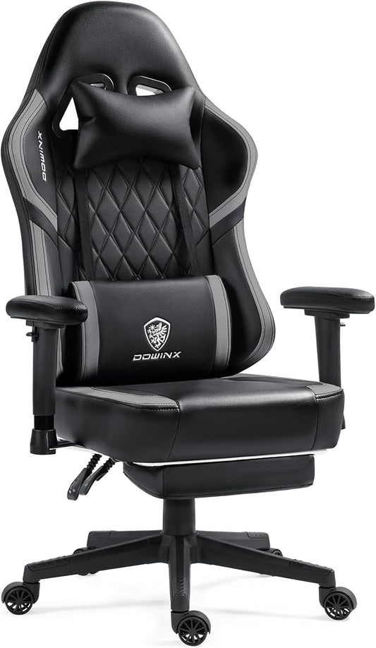 Dowinx Gaming Chair with Pocket Spring Cushion, Massage Gamer Chair Pu Leather with Lumbar Support, Ergonomic Computer Office with Footrest 300lbs for Adult, Black Grey