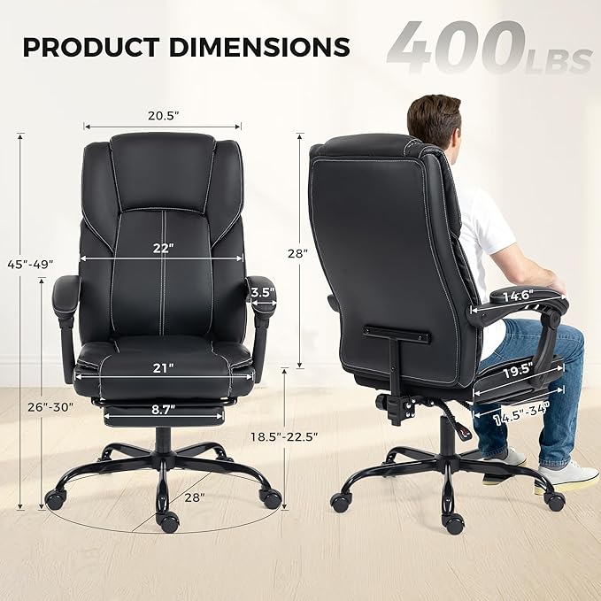 Office Chair with Footrest, Executive Breathable Leather Office Desk Chair with Lumbar Support - Ergonomic Comfy Wide Reclining Swivel Rolling Gaming Computer Chair with Adjustable 90-135° High Back