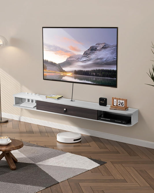 VEVOR Floating TV Stand, 70'' Wall Mounted TV Console Modern Floating Entertainment Center Under TV Shelf with Storage Cabinet, for Bedroom & Living Room, White