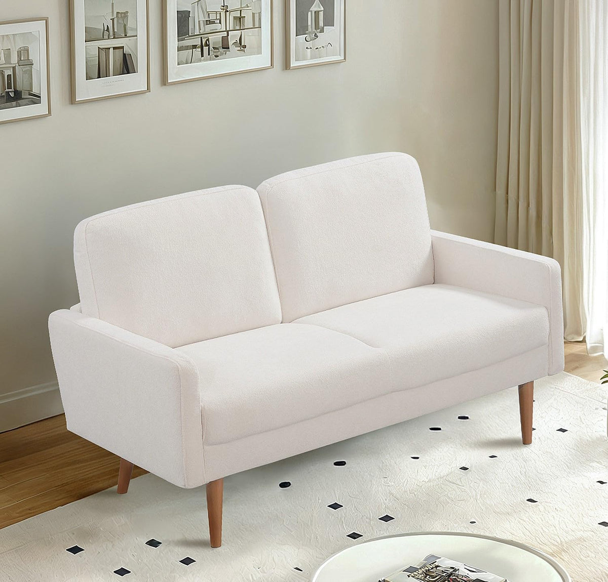 Kent Velvet Loveseat Sofa, European Style with Sleek Design, Modern & Vintage Flair, Upholstered 2 Seater Couch, Chic Living Room Furniture Seating for Home, Apartment or Office, Ivory