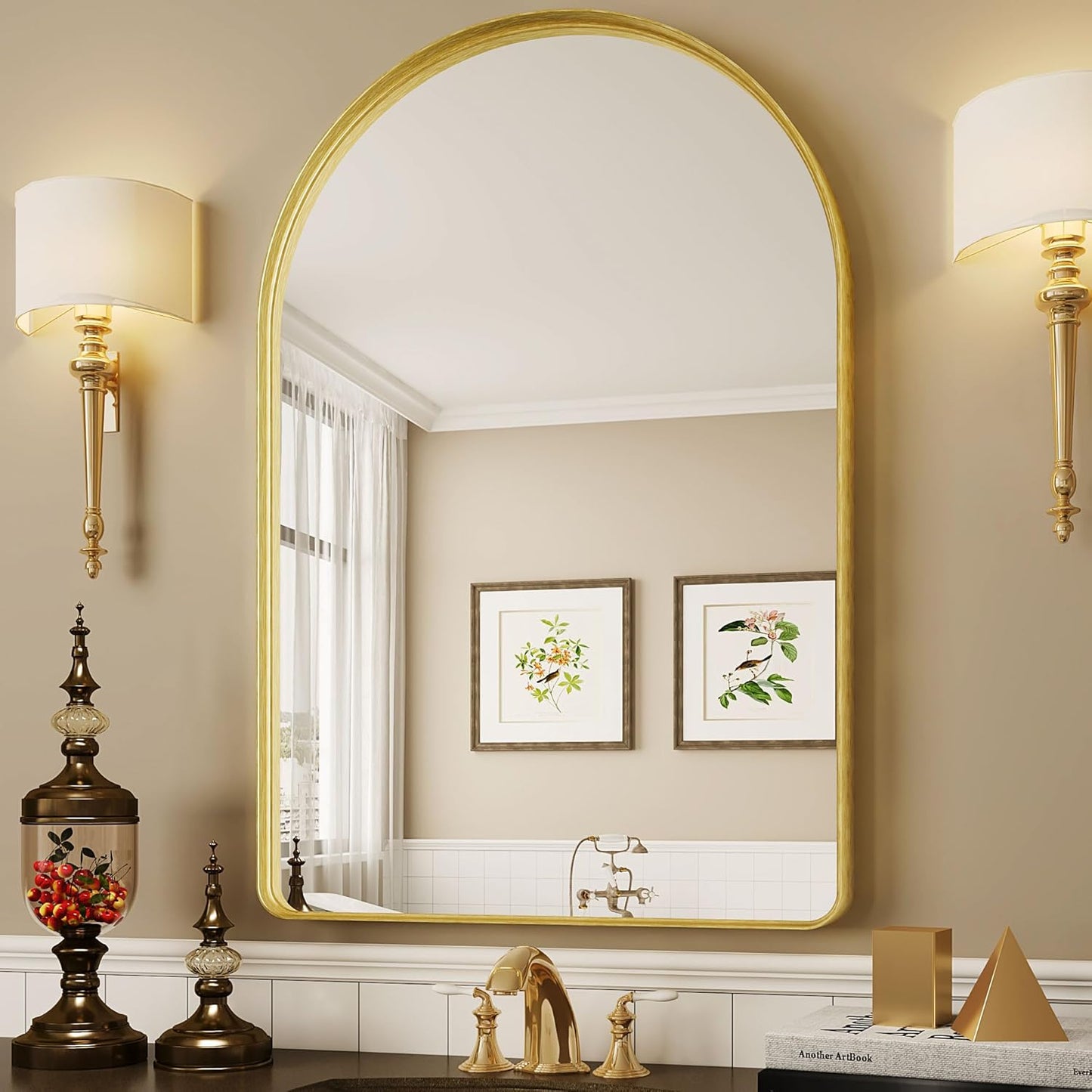 Suidia 24" x 36" Bathroom Mirror, Bathroom Vanity Mirror Metal Framed, Wall-Mounted Mirrors for Bedroom, Living Room, Entryway, Hallway, Gold, Arch Style