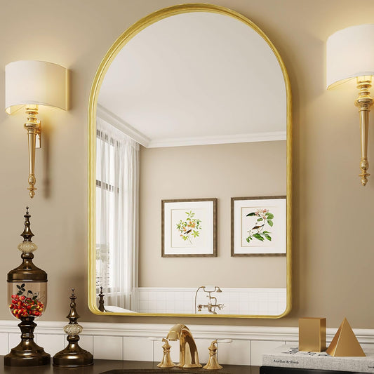 Suidia 24" x 36" Bathroom Mirror, Bathroom Vanity Mirror Metal Framed, Wall-Mounted Mirrors for Bedroom, Living Room, Entryway, Hallway, Gold, Arch Style