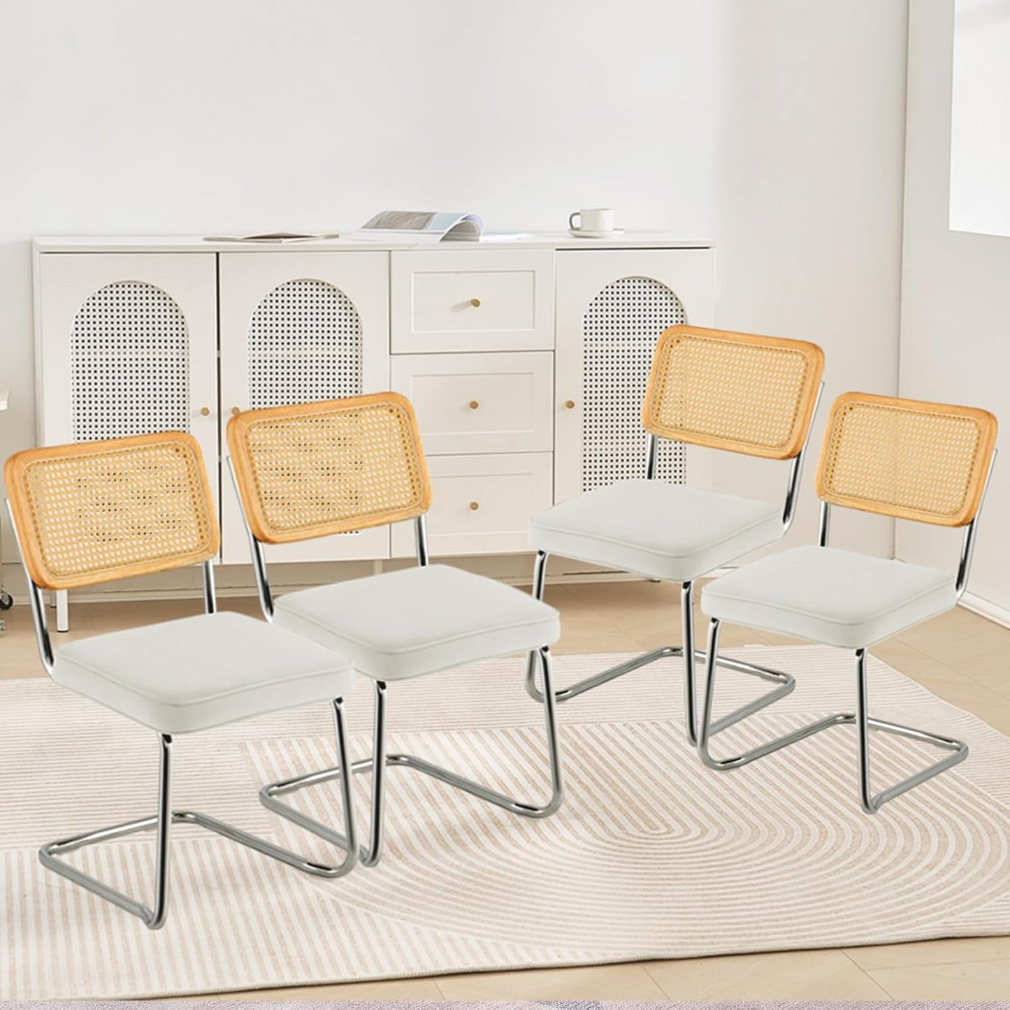 VEVOR Rattan Dining Chairs Set of 4, Mid Century Modern Dining Chair, Upholstered Velvet Accent Chair with Rattan Back, Retro Dining Room Kitchen Chair for Living Room, Bedroom(18.1 Inch)