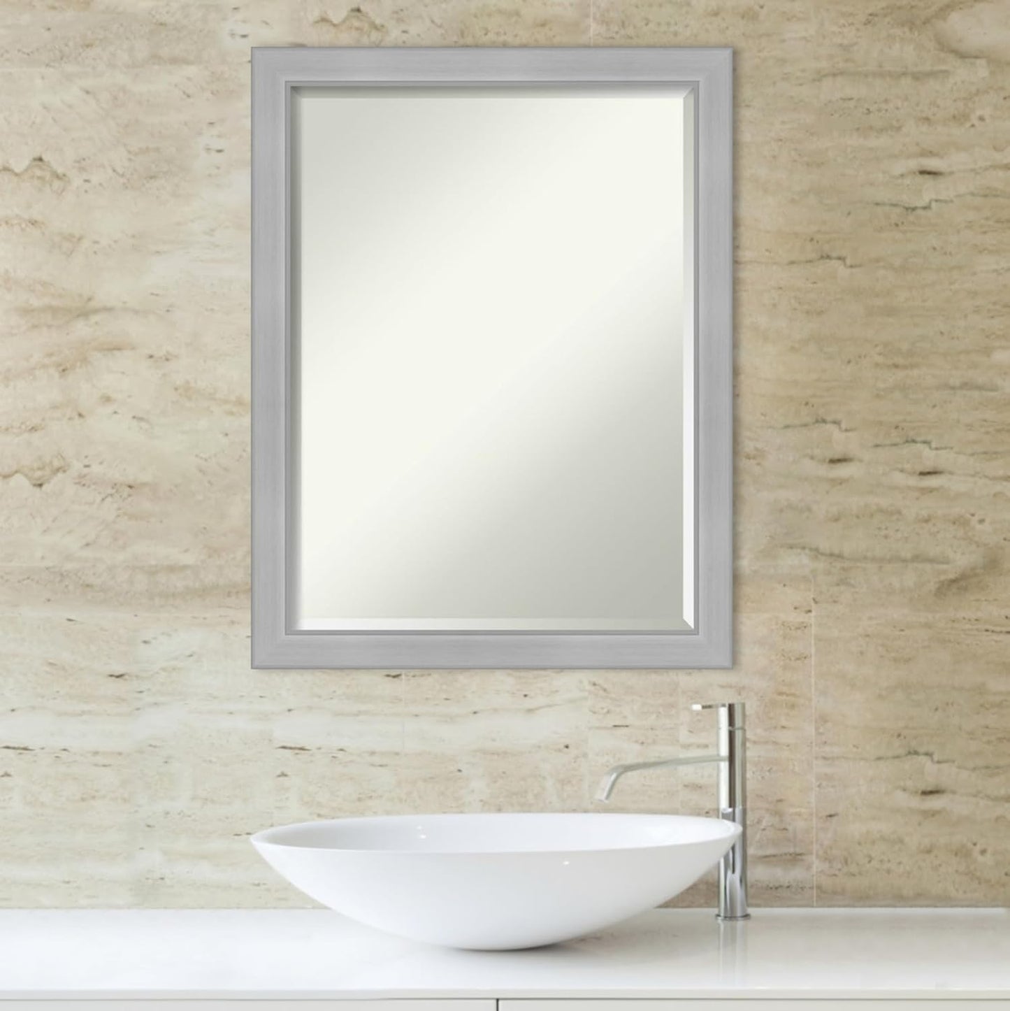 Amanti Art Silver Bathroom Mirror for Over Sink, 27x21 Vista Brushed Nickel Narrow Rectangle Vanity Mirror, Medium Casual Frame, Hangs Horizonally and Vertically, Bathroom Wall Decor, Beveled Edge