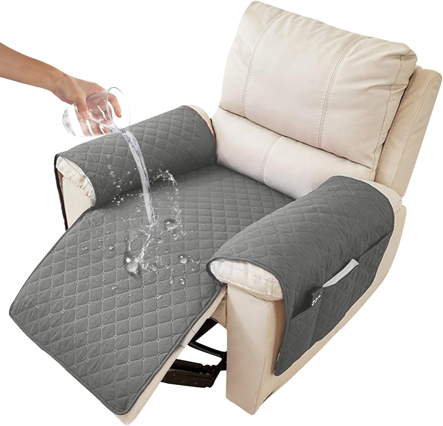 MEHIDFY Sofa Seat Arm Cover, Waterproof Couch Armrest Protector, Anti-Slip Sofa Cover, Remote Holder for Armchair, Dual Side Recliner Caddy with 3 Pockets for TV Remote, Phone, Pad, Pen, Book(Grey)