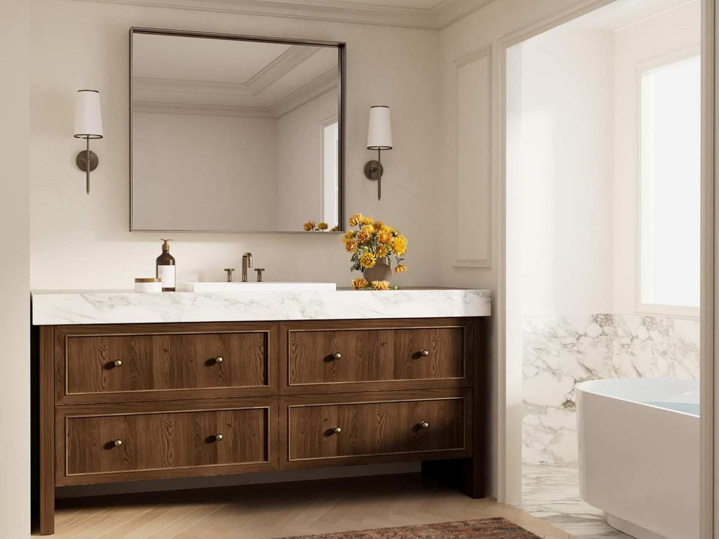 Keonjinn 42 x 36 Inch Brushed Bronze Bathroom Mirror, Rectangle Framed Vanity Mirror for Wall, Large, Modern Farmhouse, Square Corner Bronze Mirrors(Horizontal/Vertical)