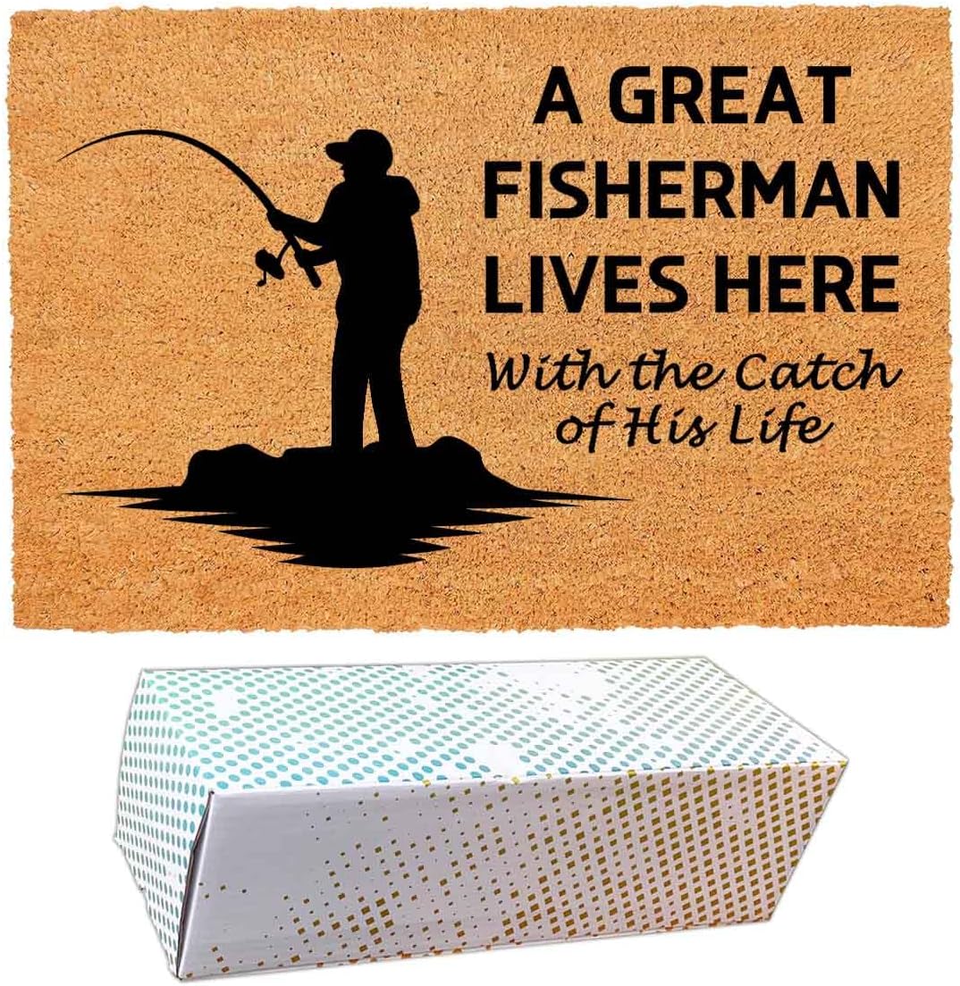 Funny Coir Doormat with A Great Fisherman Lives Here with The Catch of His Life - Front Door Mat, Entryway Welcome Mat, 23.7 x 15.7 inch